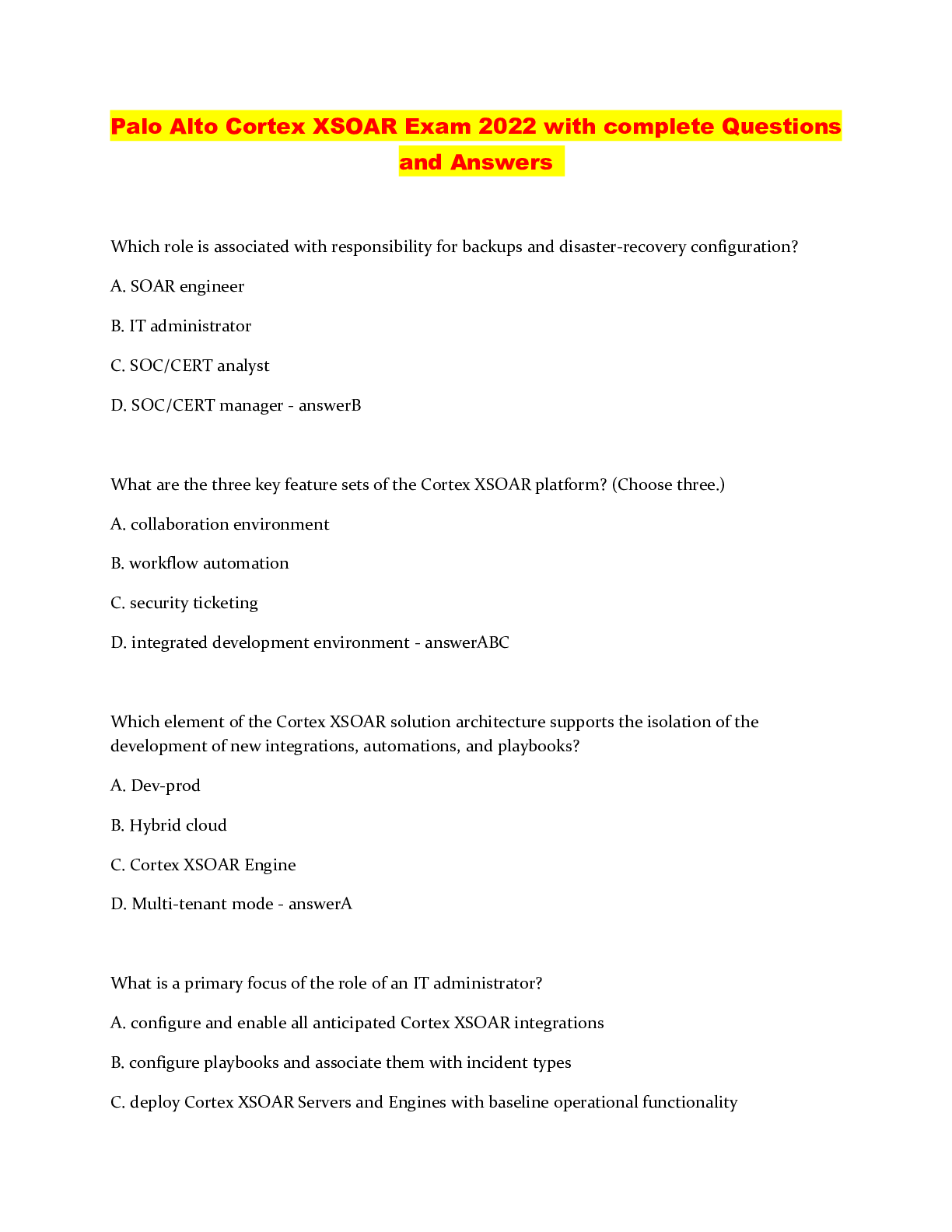 Preview image for Palo Alto Cortex XSOAR Exam 2022 with complete Questions and Answers