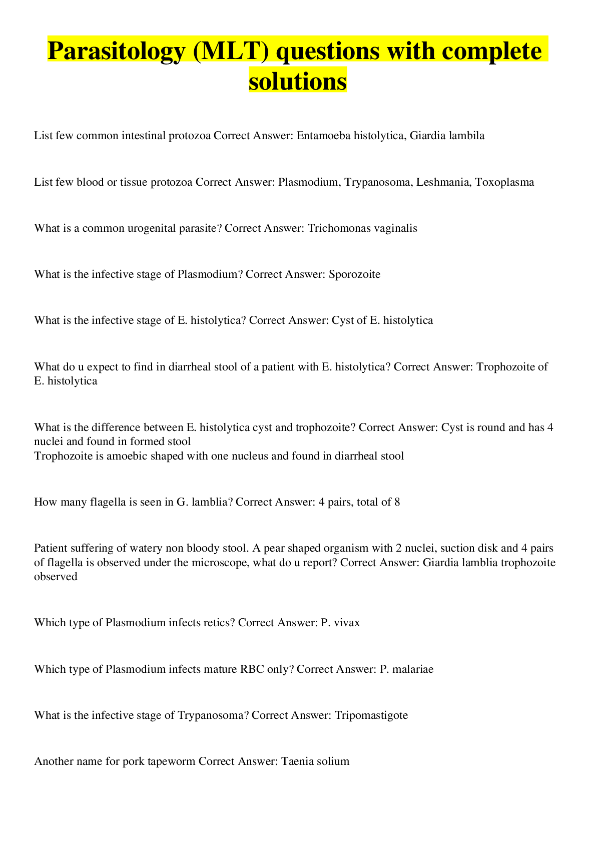 Preview image for Parasitology (MLT) questions with complete solutions