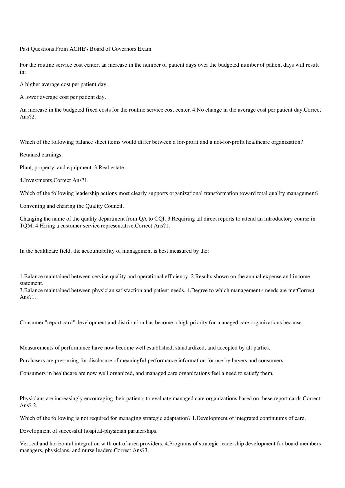 Preview image for Past Questions From ACHE's Board of Governors Exam