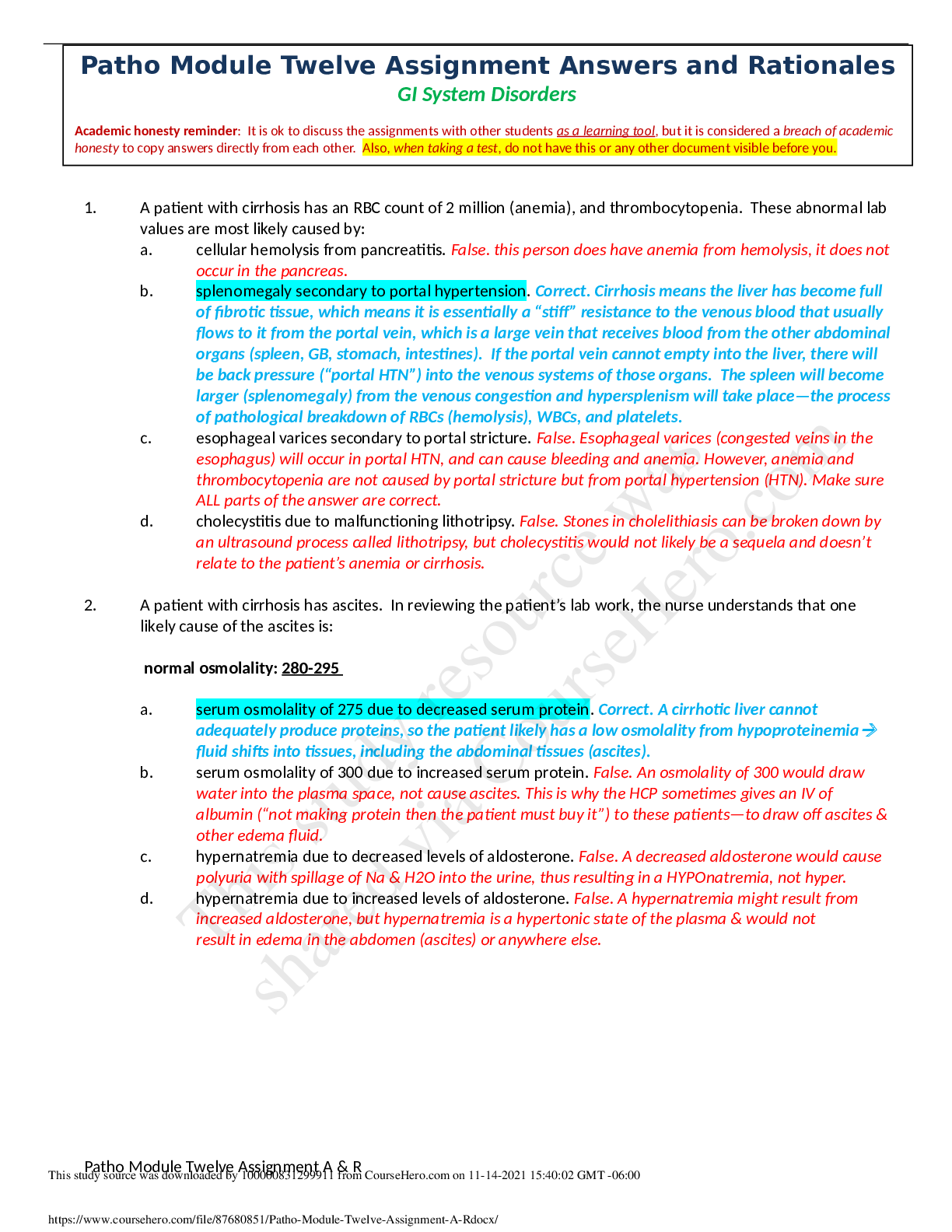 Preview of NURSING 3366 Patho Module 11 Assignment Answers and Rationales