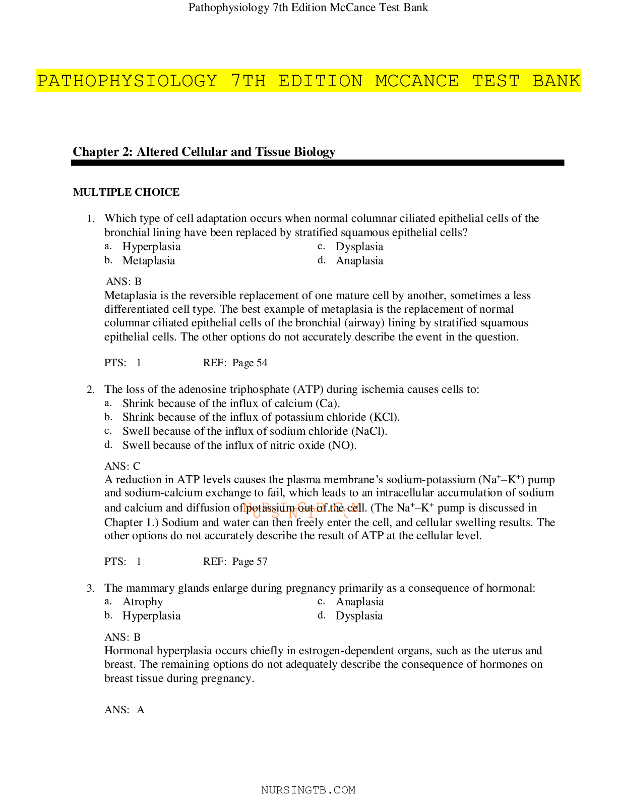 Preview image for PATHOPHYSIOLOGY 7TH EDITION MCCANCE TEST BANK (GRADE TO SCORE)