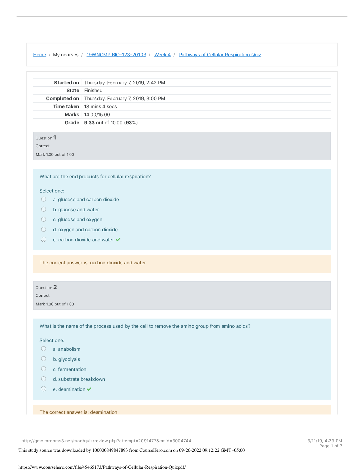 Preview image for Georgia Military College  BIO 123  Pathways of Cellular Respiration Quiz.  Grade 9.33 out of 10.00 (93%)