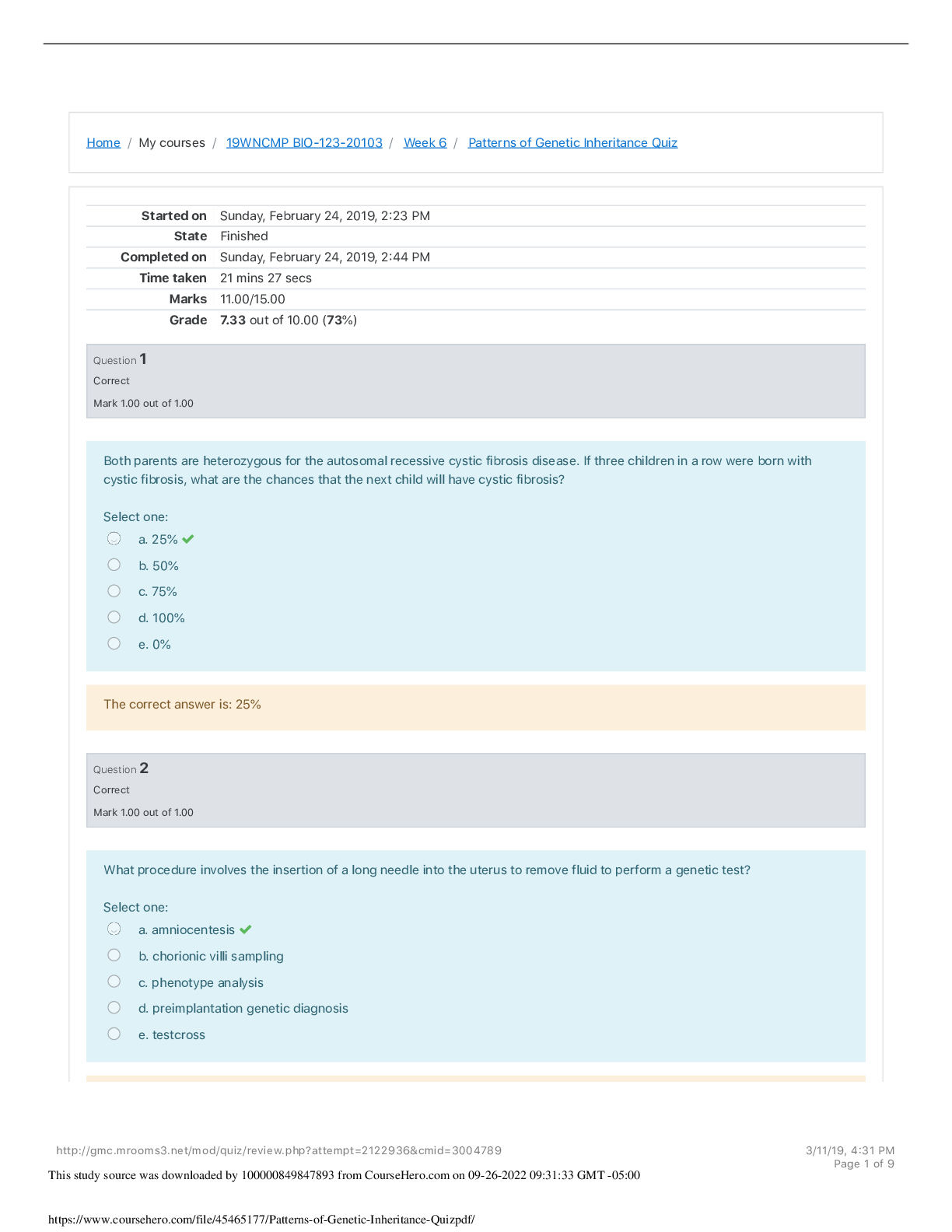 Preview image for Georgia Military College  BIO 123  Patterns of Genetic Inheritance Quiz Grade: 9.33 out of 10.00 (93%)