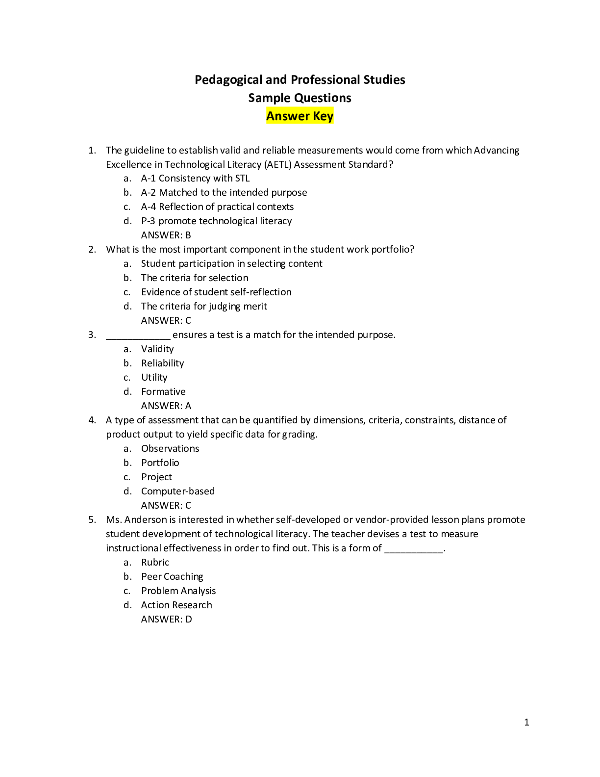 Preview image for pedagogical and professional  studies questions with answers.