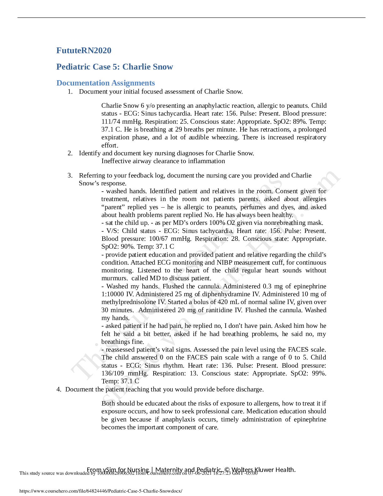 Preview image for RN2020 Pediatric Case 5: Charlie Snow Documentation Assignments