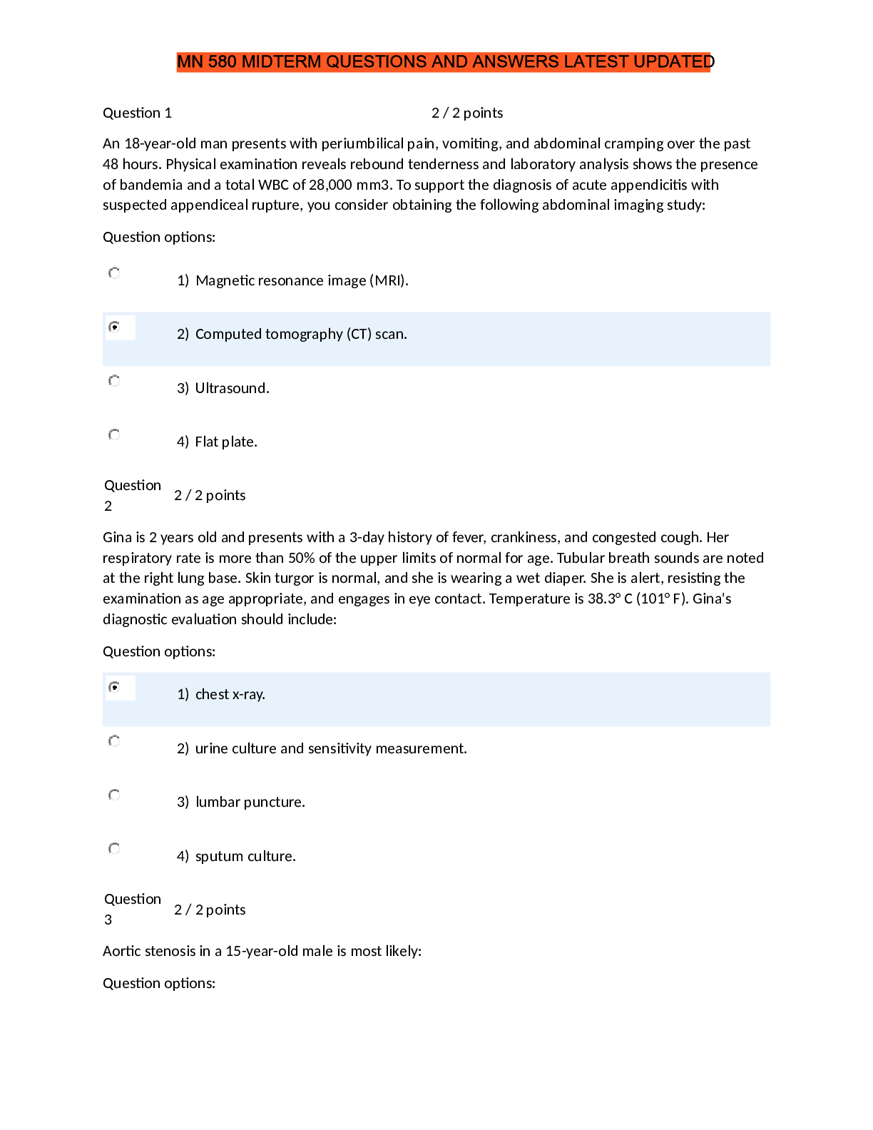 Preview image for MN 580 Pediatric Midterm Exam | Kaplan University100% Correct Answers