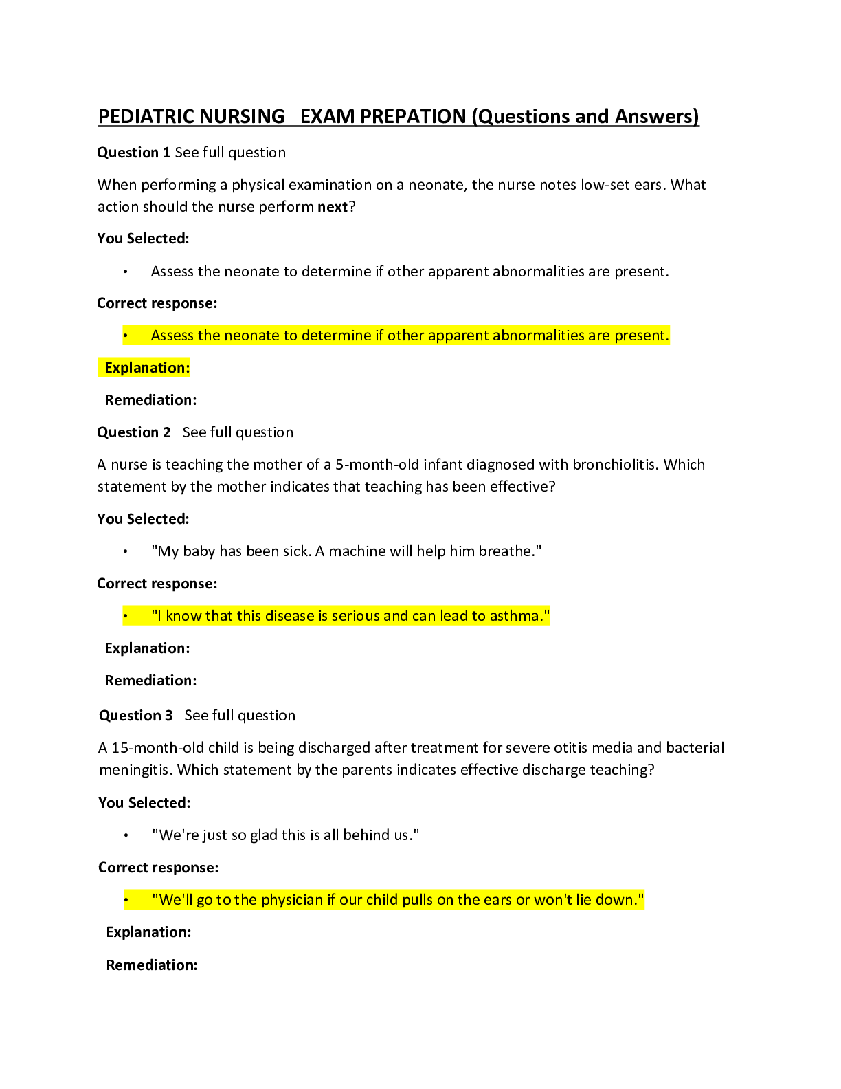 Preview image for PEDIATRIC NURSING   EXAM PREPATION (Questions and Answers)