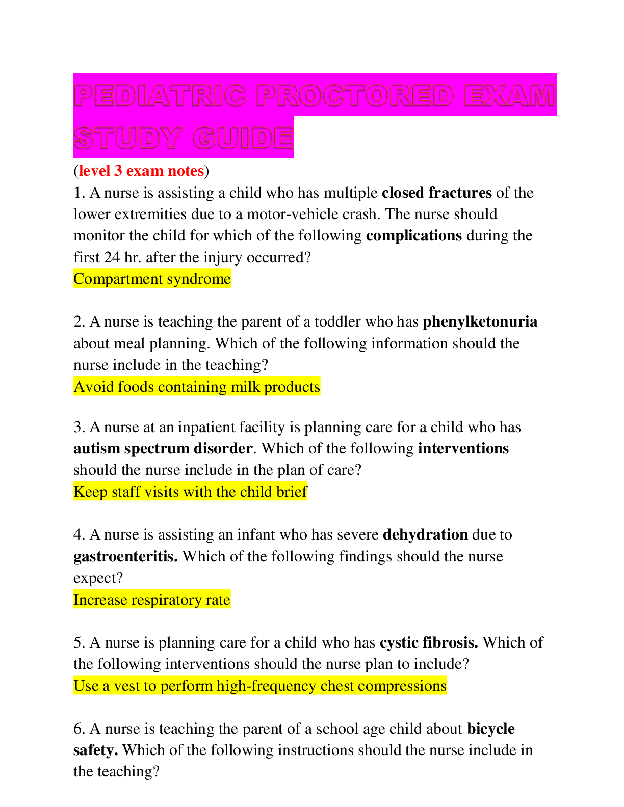 Preview image for NSG 361 Pediatric Proctored Exam Study Guide: LEVEL 3 EXAM QUESTIONS WITH CORRECT ANSWERS 2022/2023