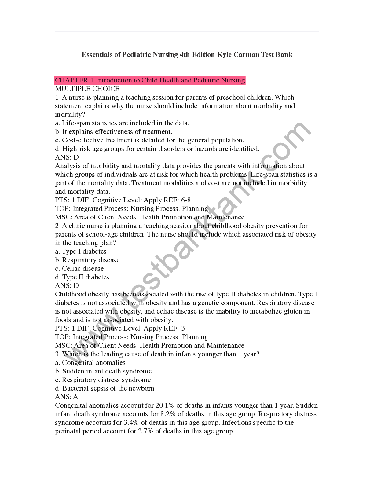 Preview image for Essentials of Pediatric Nursing 4th Edition Kyle Carman Test Bank