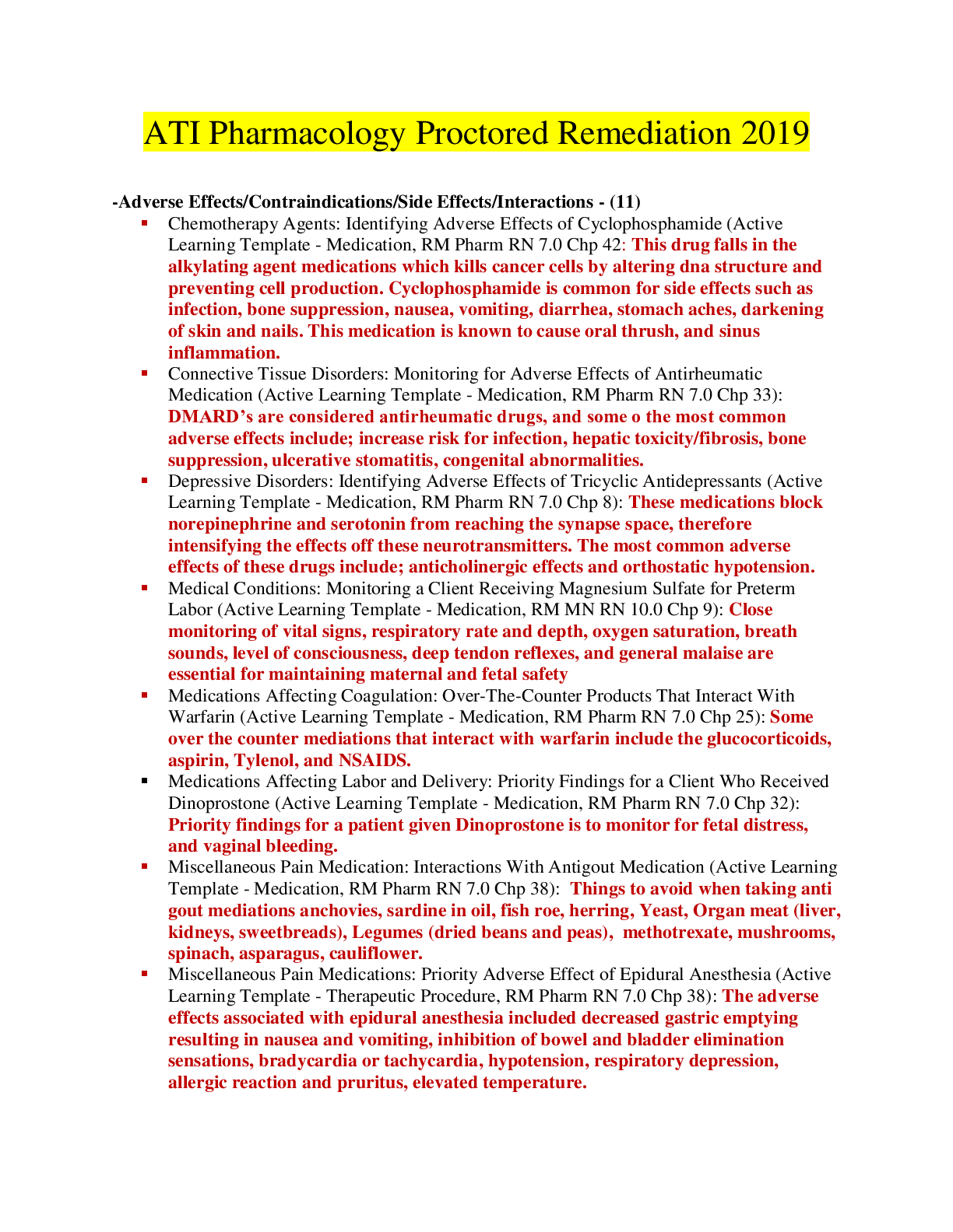 Preview image for ATI Pharmacology Proctored Remediation 2019/ Pharmacology remediation
