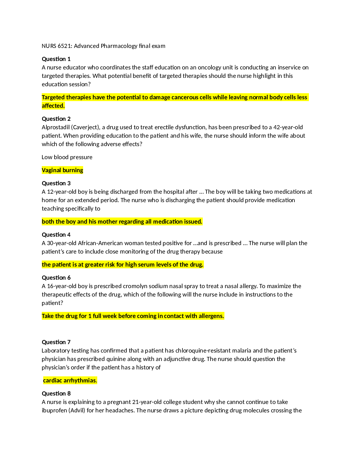 Preview of NURS 6521: Advanced Pharmacology Final Exam.