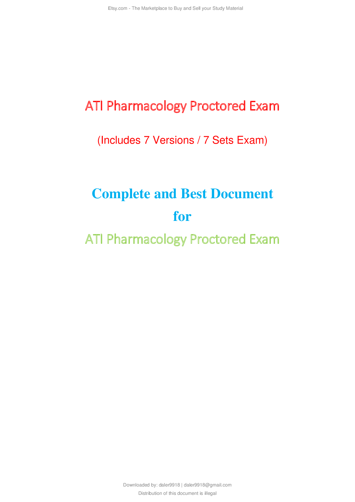 Preview image for NURSING 3240- ATI Pharmacology Proctored Exam (Includes 7 Versions / 7 Sets Exam) Complete and Best Document for ATI Pharmacology Proctored Exam{All Fixed Together)