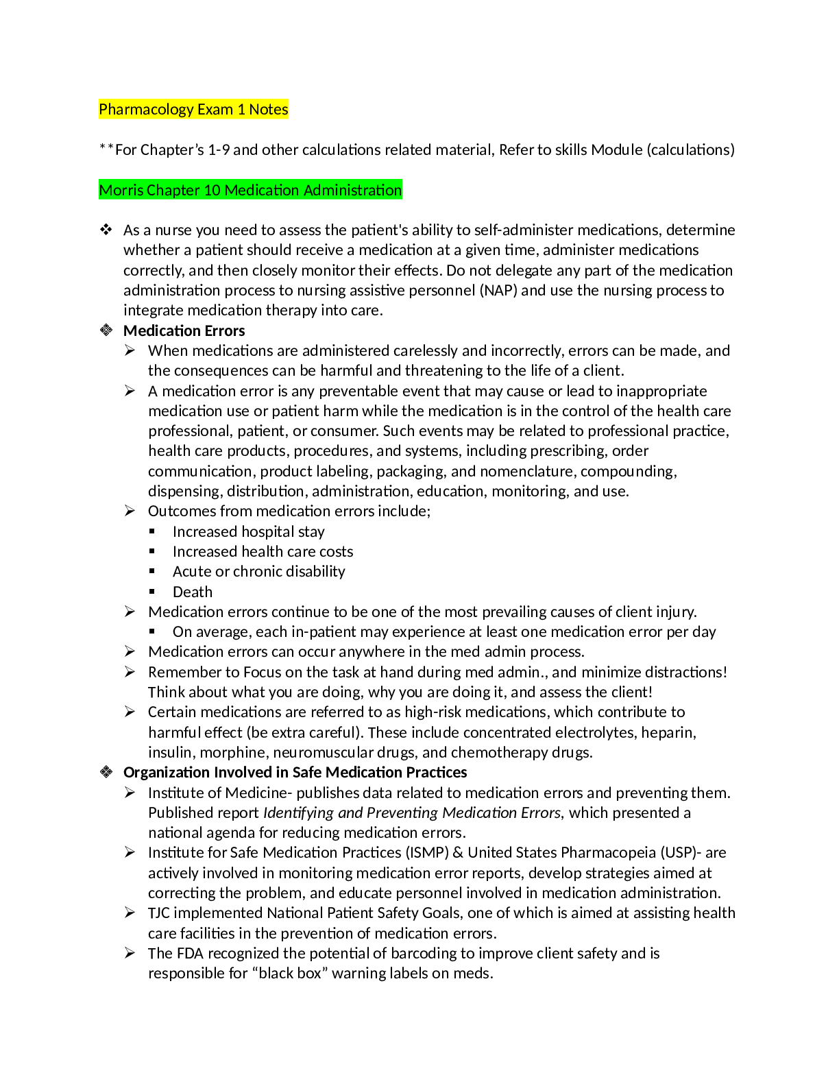Preview image for Pharmacology Exam 1 Notes- *For Chapter’s 1-9 and other calculations related material, Refer to skills Module (calculations)