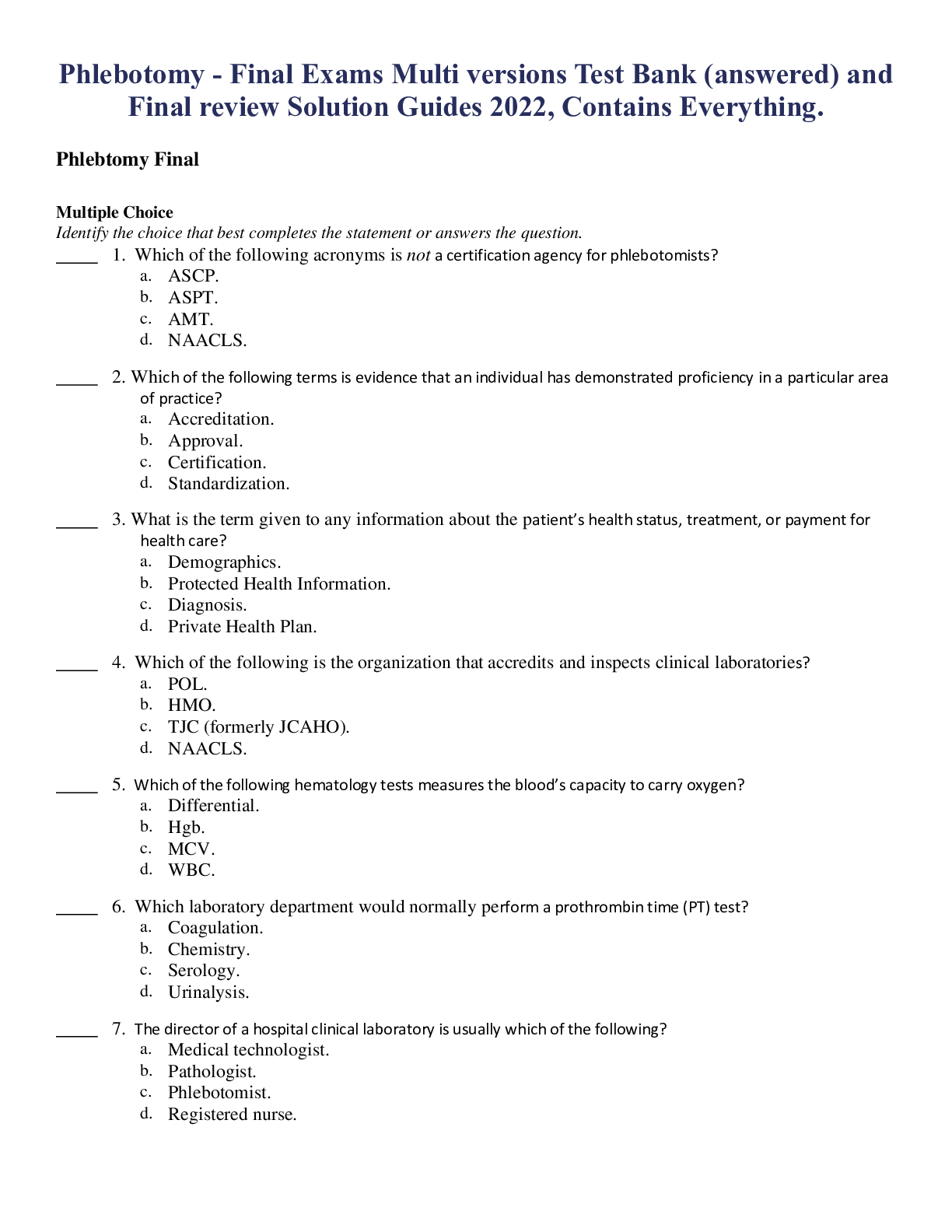 Preview image for Phlebotomy - Final Exams Multi versions Test Bank (answered) and Final review Solution Guides 2022, Contains Everything.