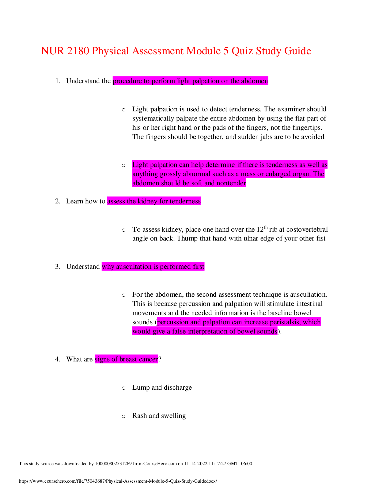 Preview image for NUR 2180 / NUR2180: Physical Assessment Module 5 Quiz (Latest 2021 / 2022) Rasmussen