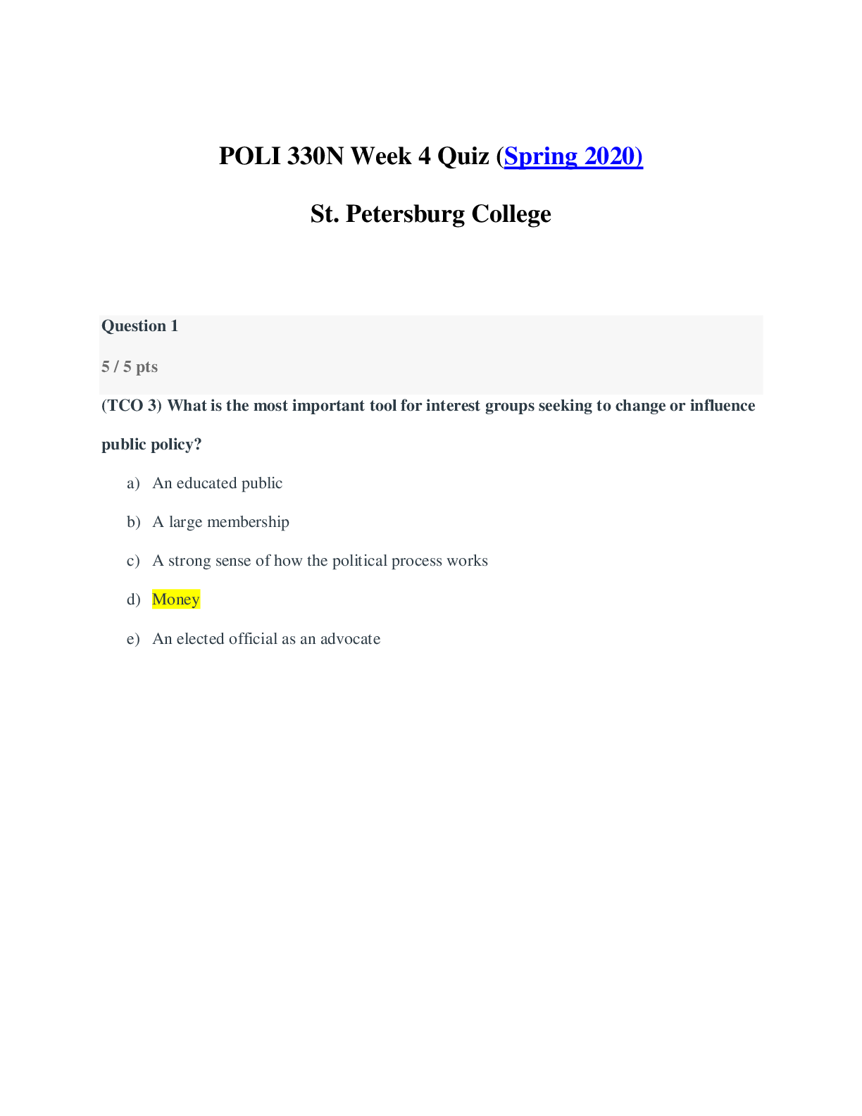 Preview of POLI 330N Week 4 Quiz | 100% Correct scores