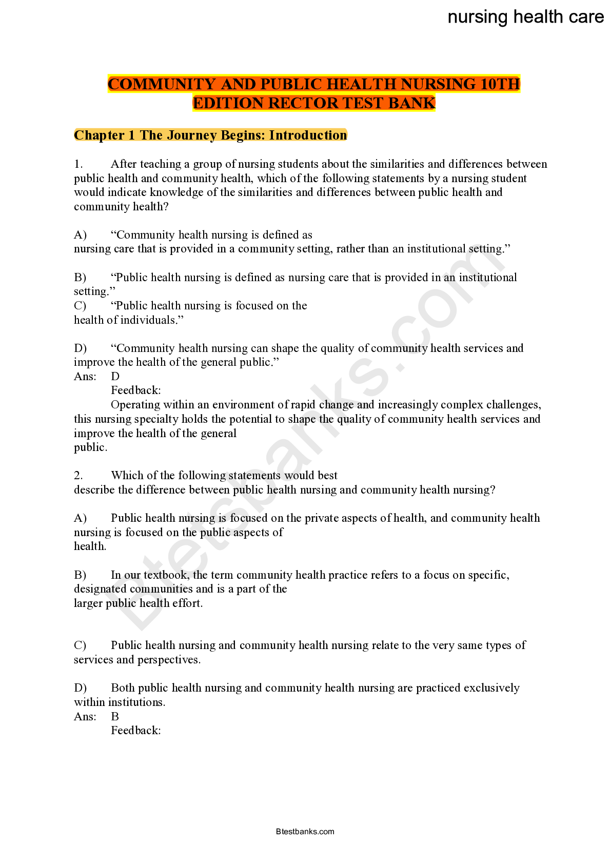 Preview image for COMMUNITY AND PUBLIC HEALTH NURSING 10TH EDITION RECTOR TEST BANK