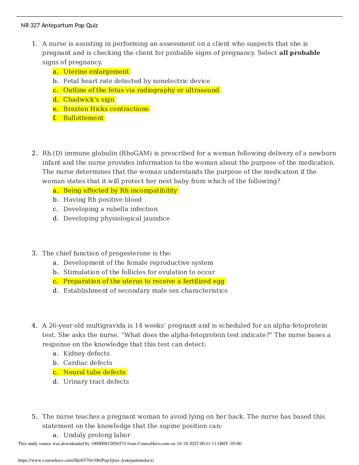 Preview image for NR 327 Antepartum Pop Quiz EXAM GUIDE