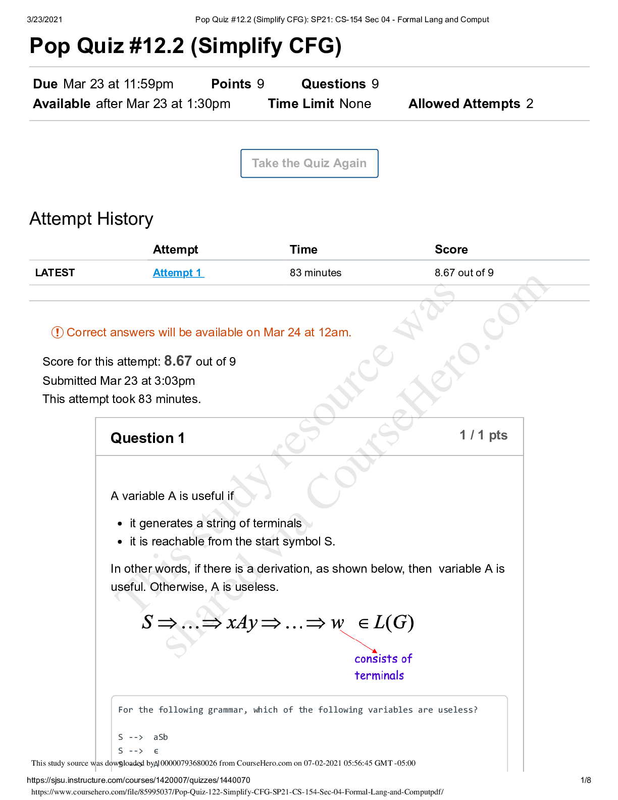 Preview of College of AlamedaENGLISH 1APop Quiz #12.2 (Simplify CFG)_ SP21_ CS-154 Sec 04 - Formal La