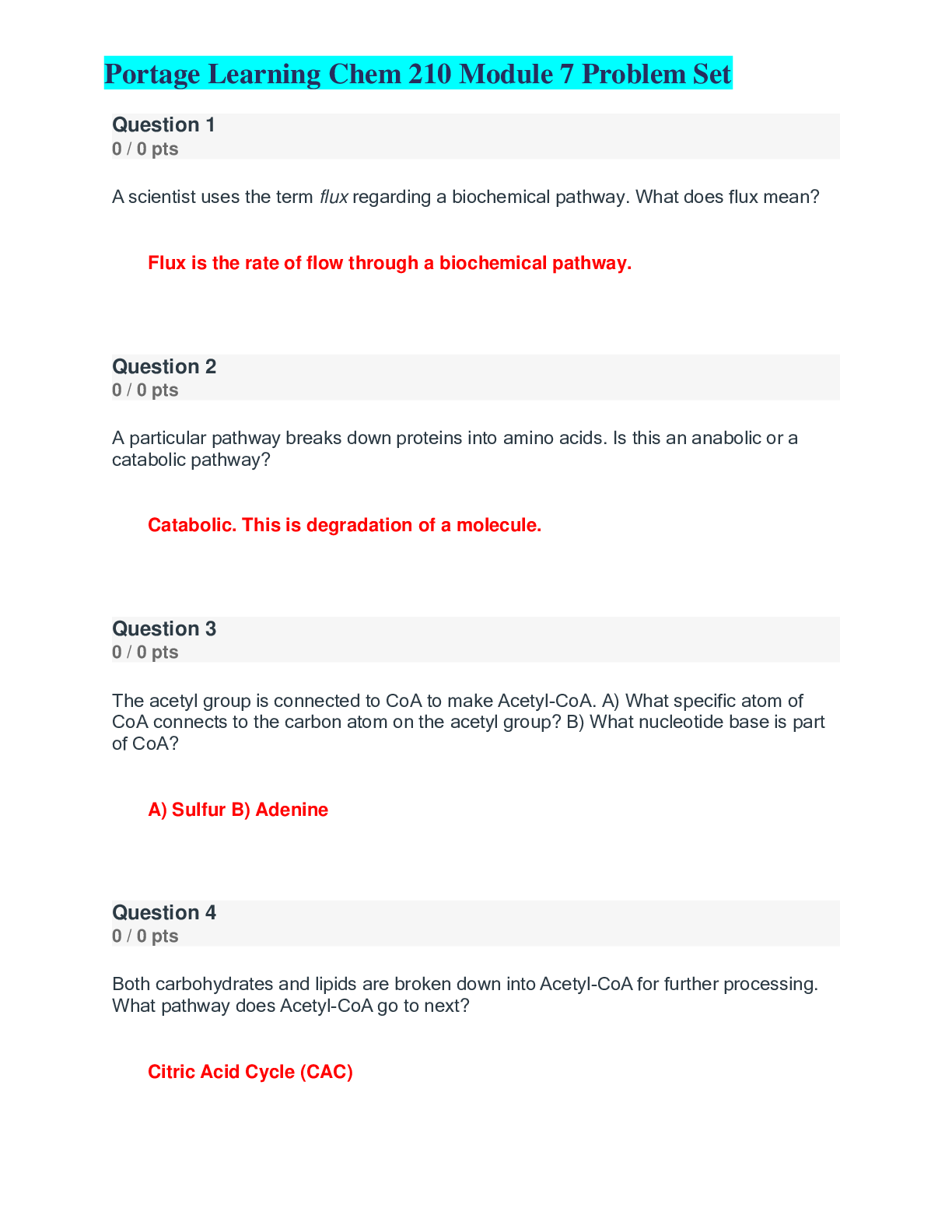 Preview of PORTAGE LEARNING CHEM 210- MODULE 7 PROBLEM SET