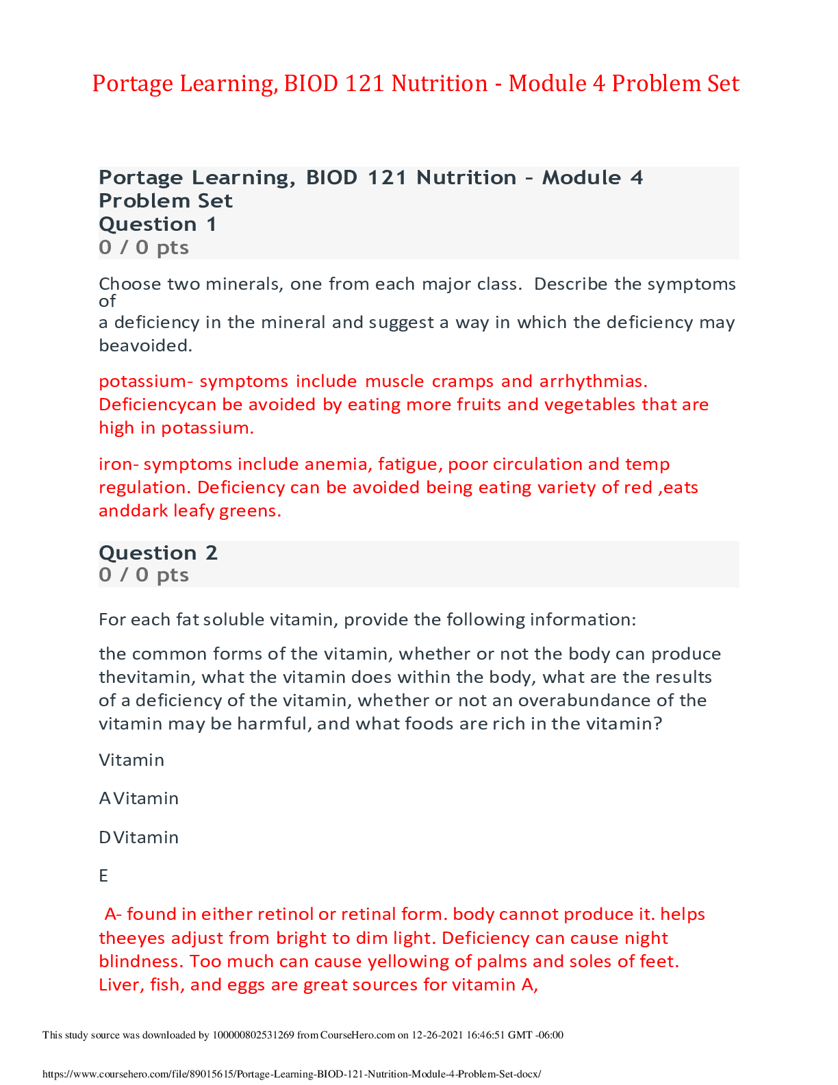 Preview of Portage Learning, BIOD 121 Nutrition - Module 4 Problem Set,100% CORRECT