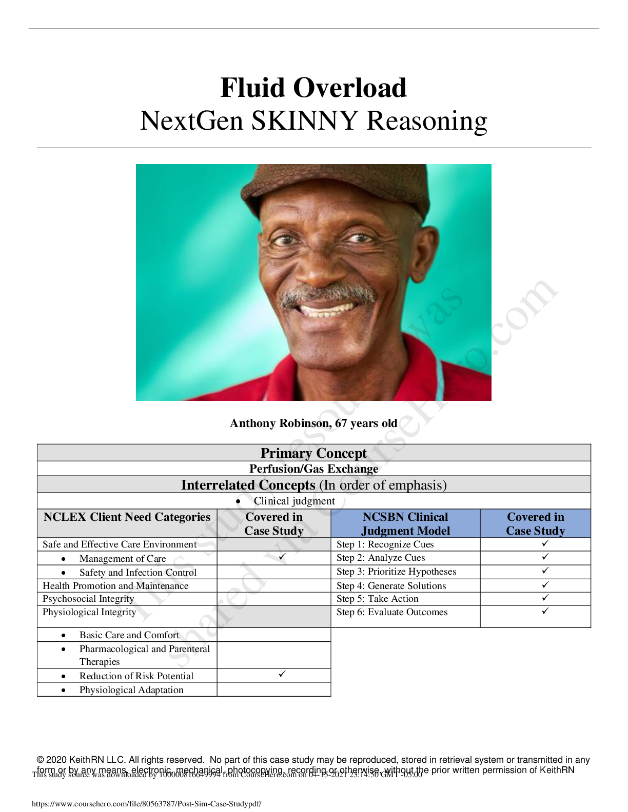 Preview of Case Study Fluid Overload, NextGen SKINNY Reasoning, Anthony Robinson, 67 years old, (Late