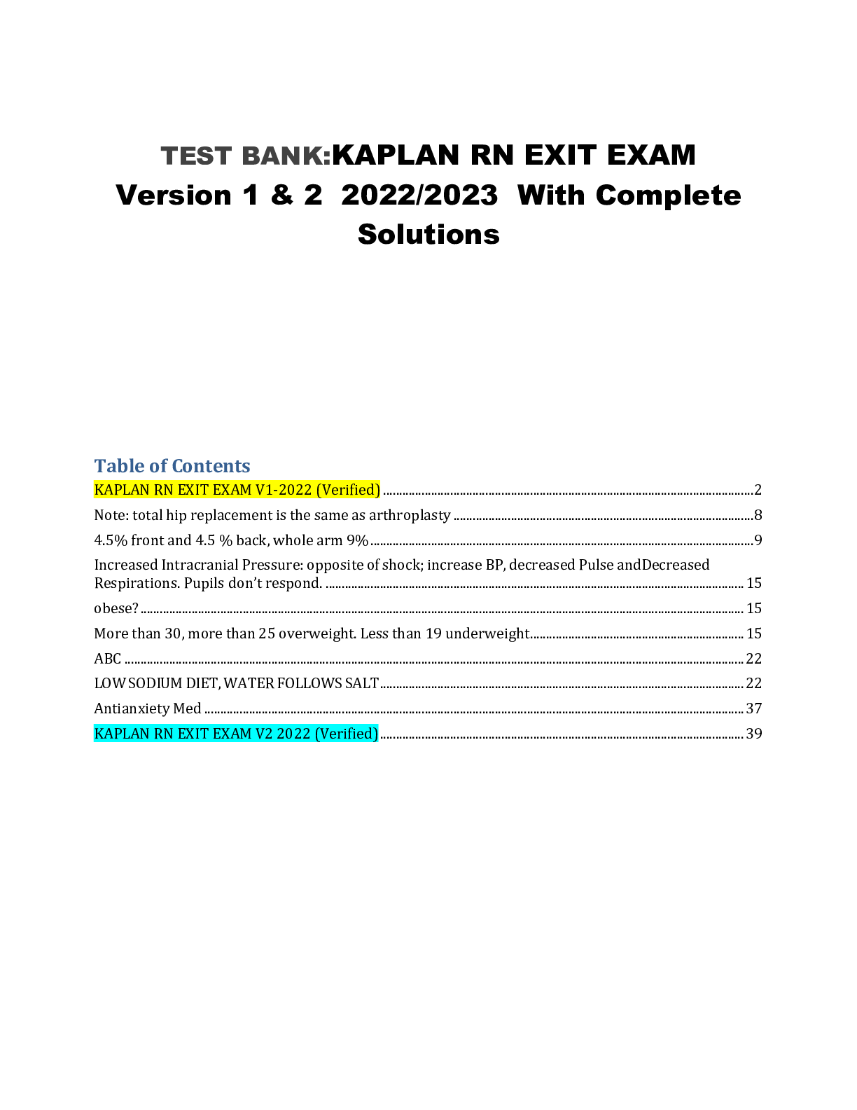 Preview image for TEST BANK:KAPLAN RN EXIT EXAM  Version 1 & 2  2022/2023  With Complete Solutions