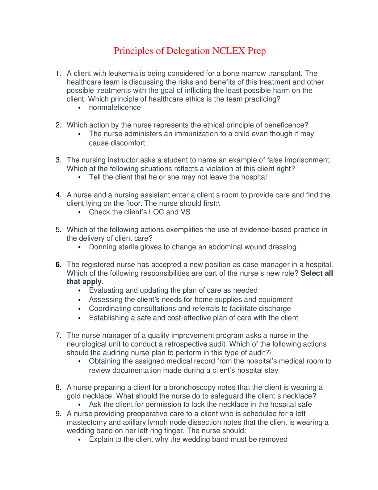 Preview image for Principles of Delegation NCLEX Prep - 97 Questions and Answers