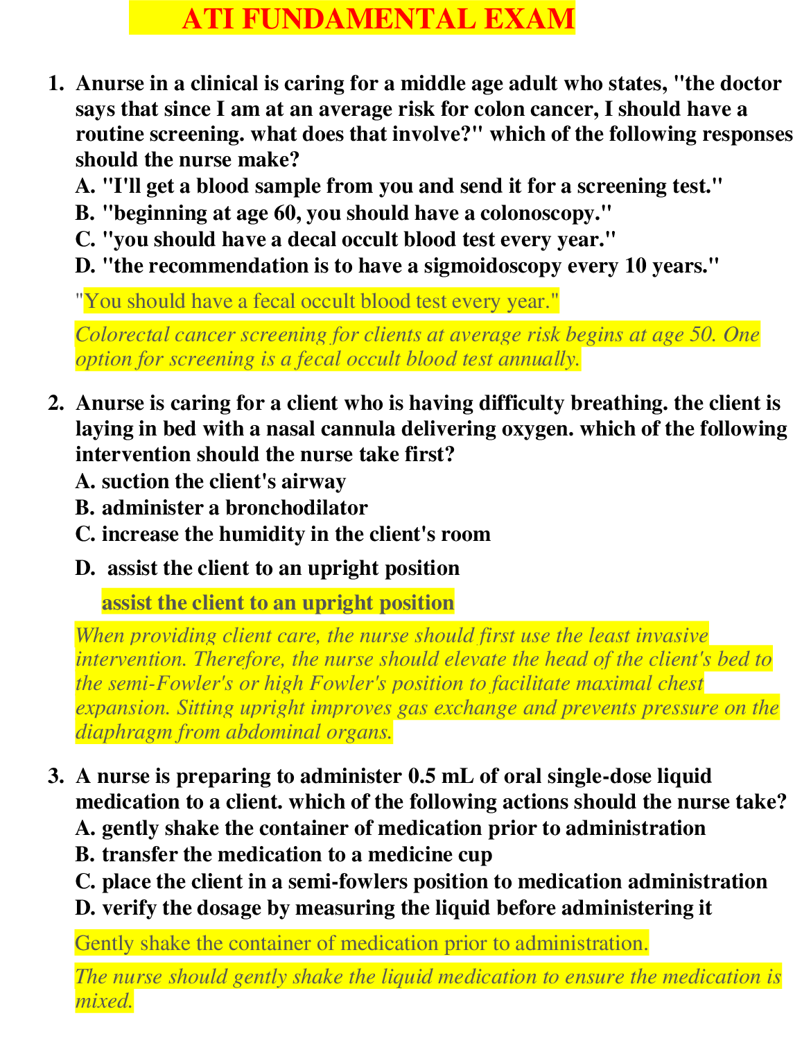 Preview image for ATI / RN Fundamentals Exam |RN Fundamentals Online Practice A and B| 120 Questions and Answers | LATEST 2021 / 2022