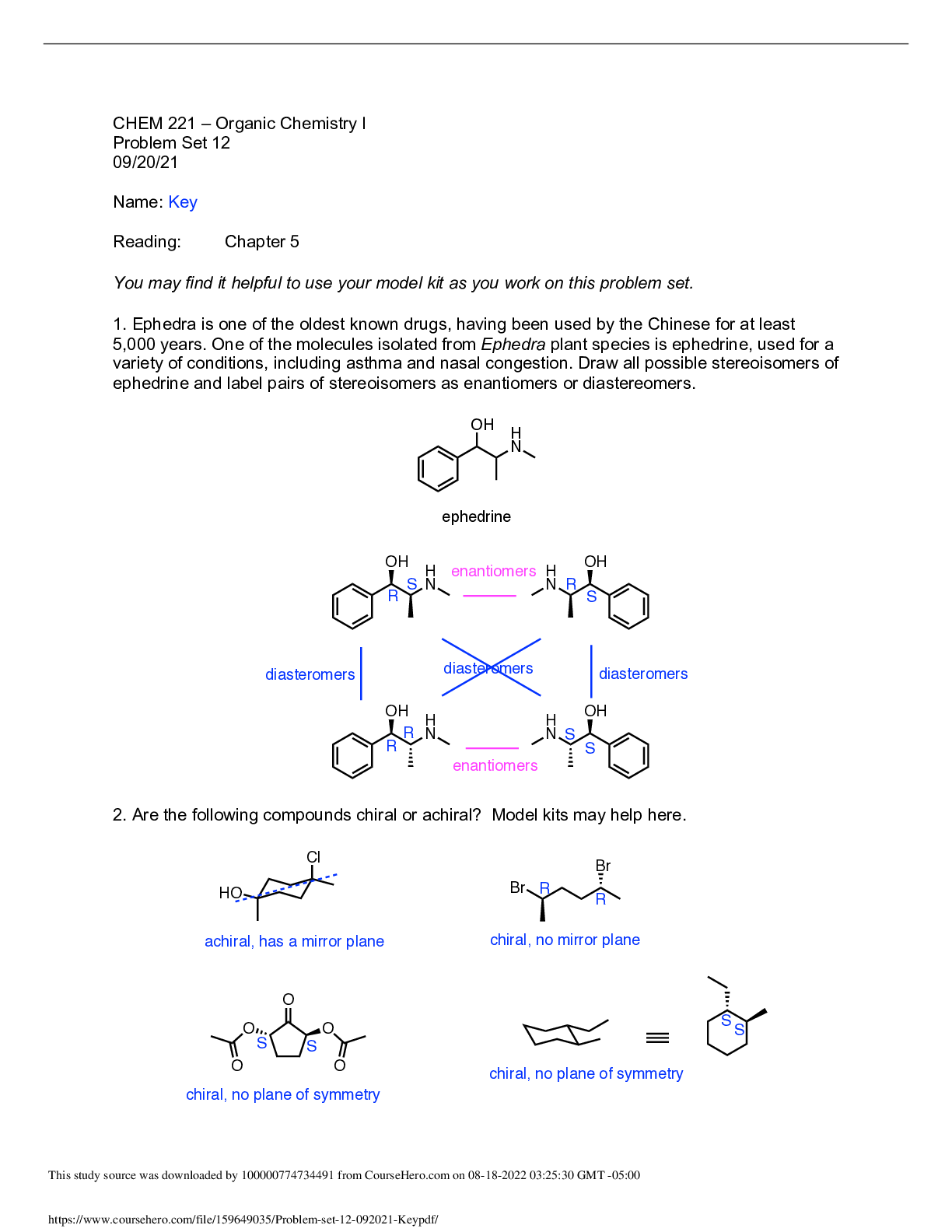 Preview of CHEM MISC CHEM 221 – Organic Chemistry I Problem Set 12 09/20/21 Name: Key Reading: Chapte