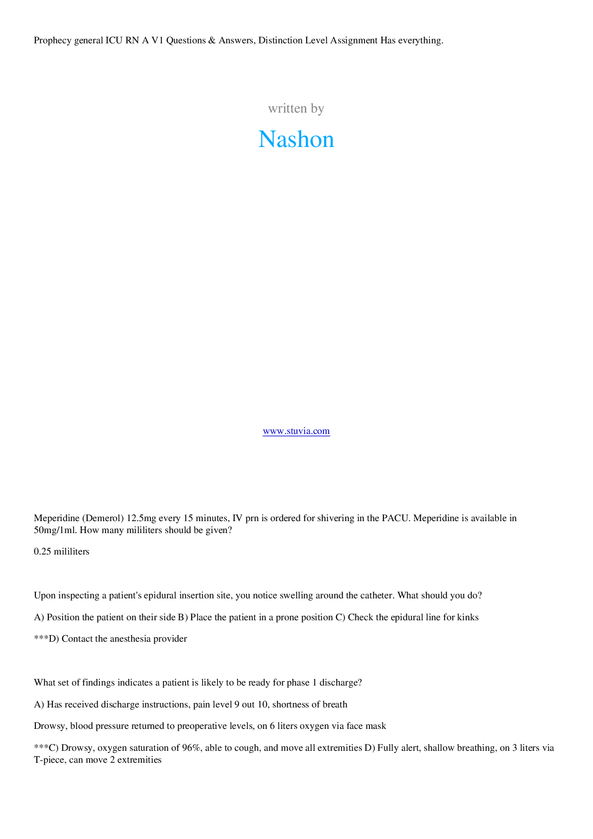 Preview image for Prophecy general ICU RN A V1 Questions & Answers, Distinction Level Assignment Has everything.
