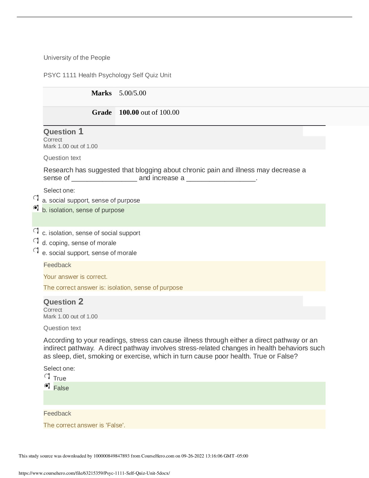Preview image for PSYCHOLOGY PSYC 1111  Psyc 1111 Self Quiz Unit 5: Grade 100% | University of the People