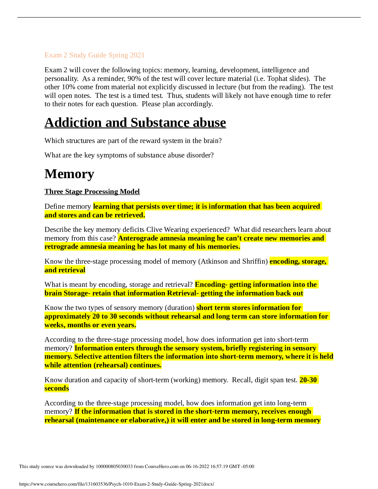 Preview of Psych 1010 Exam 2 Study Guide Spring 2021