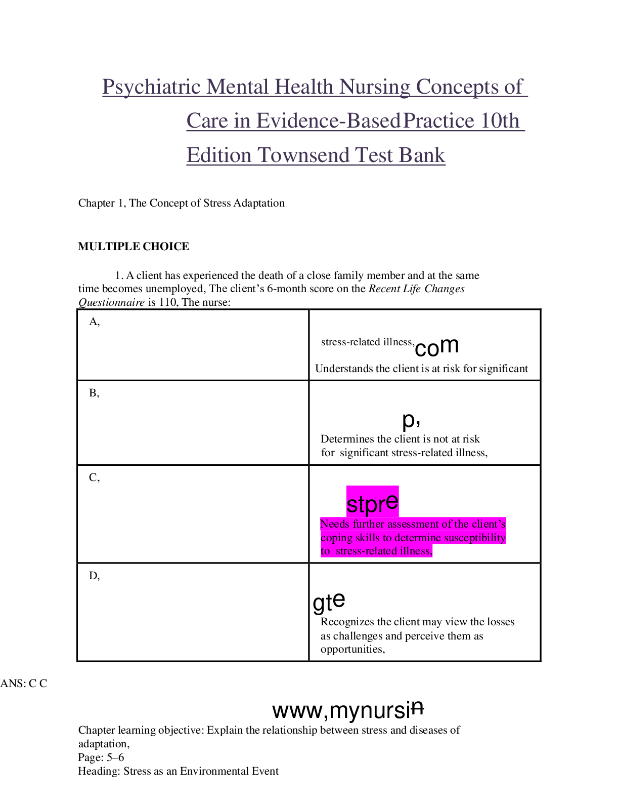 Preview image for Psychiatric Mental Health Nursing Concepts of Care in Evidence-Based Practice 10th Edition Townsend Test Bank