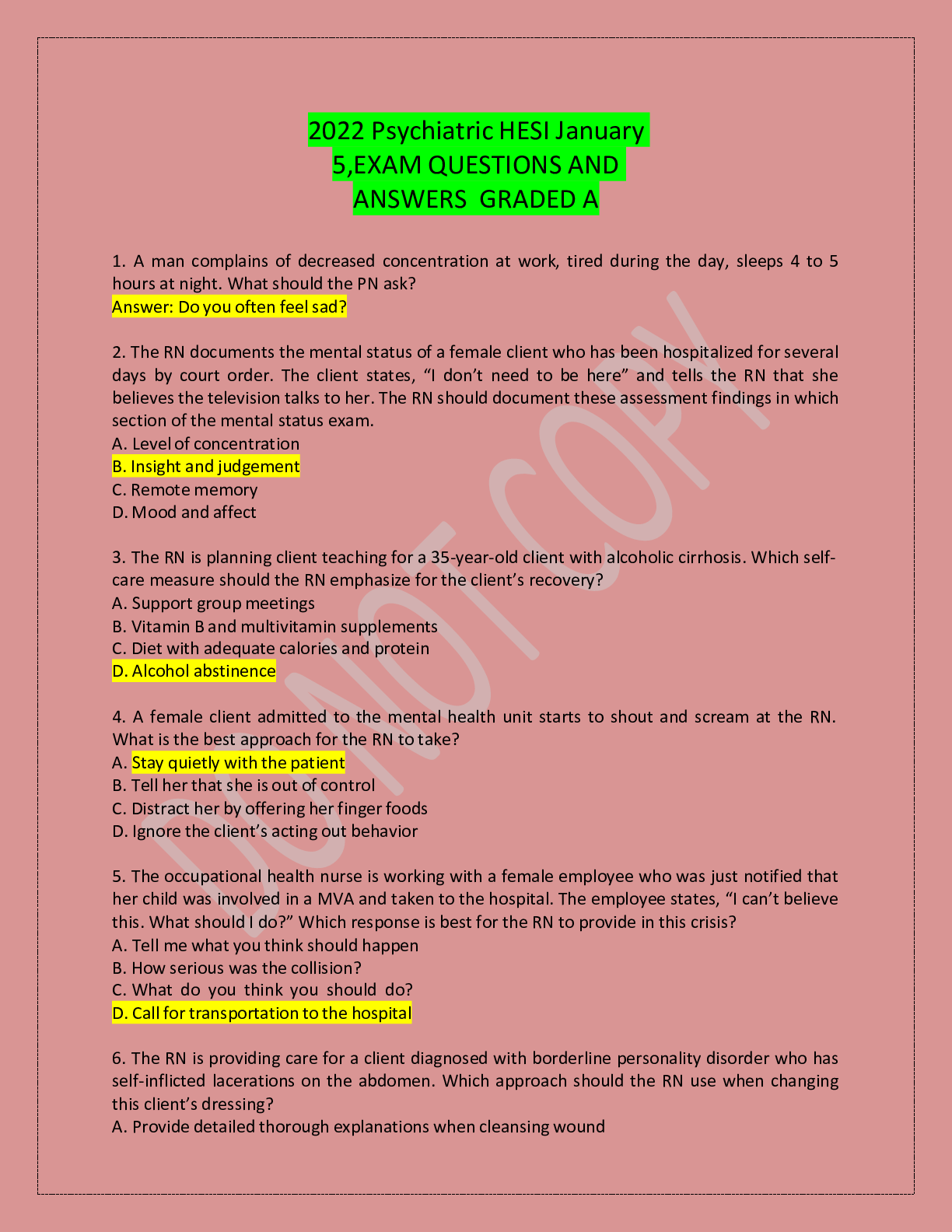 Preview image for 2022 Psychiatric HESI January 5,EXAM QUESTIONS AND ANSWERS  GRADED A