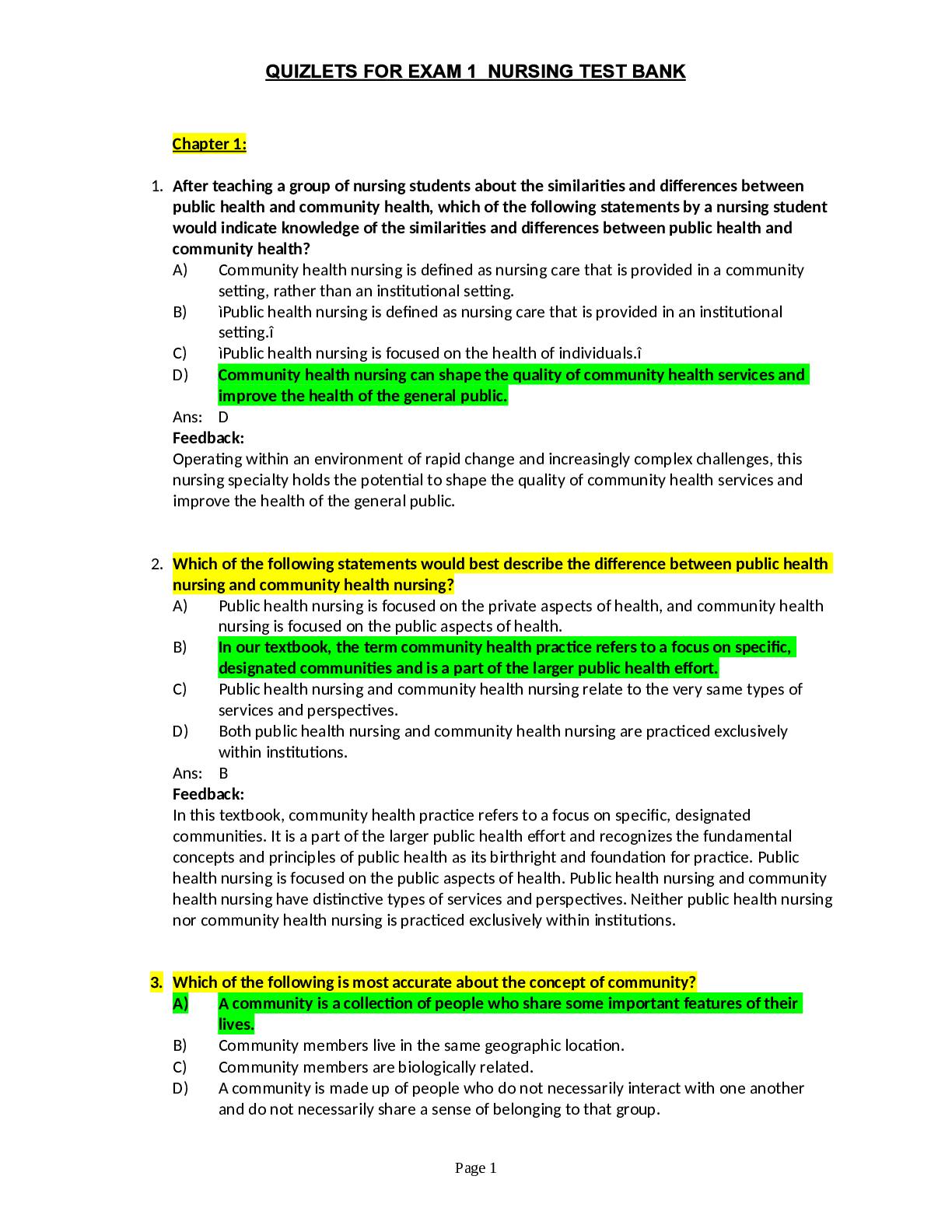 Preview image for QUIZLETS FOR EXAM 1 NURSING TEST BANK. QUESTIONS WITH CORRECT ANSWERS