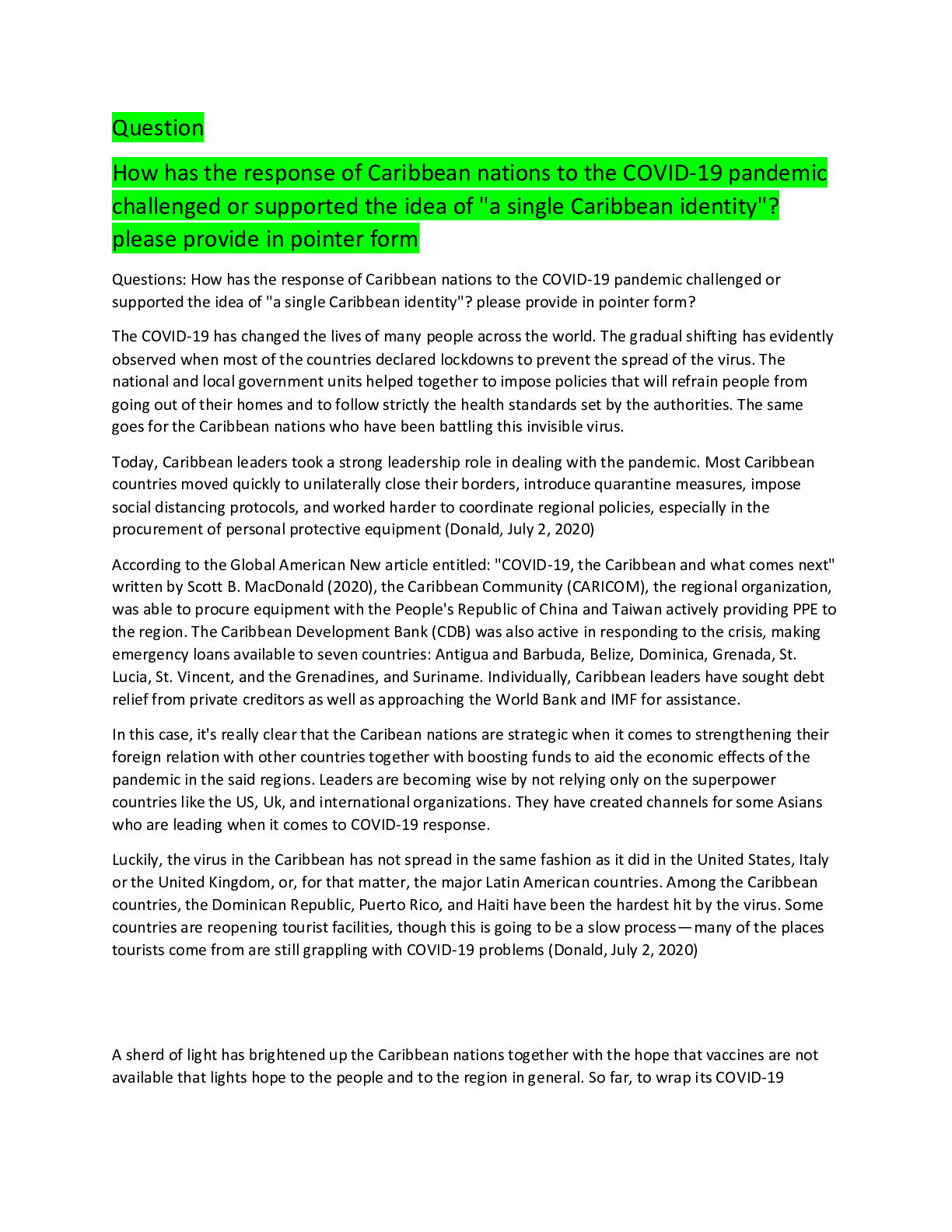 Preview of How has the response of Caribbean nations to the COVID-19 pandemic challenged or supported the idea of 'a single Caribbean identity'? Share Question