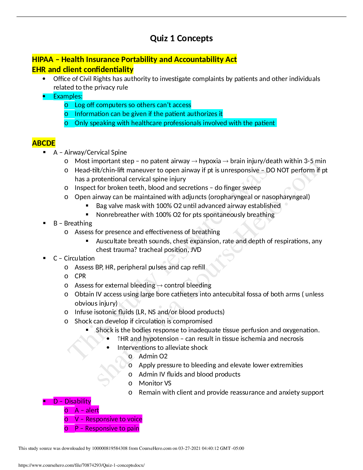 Preview image for NURS 480 quiz 1 concepts