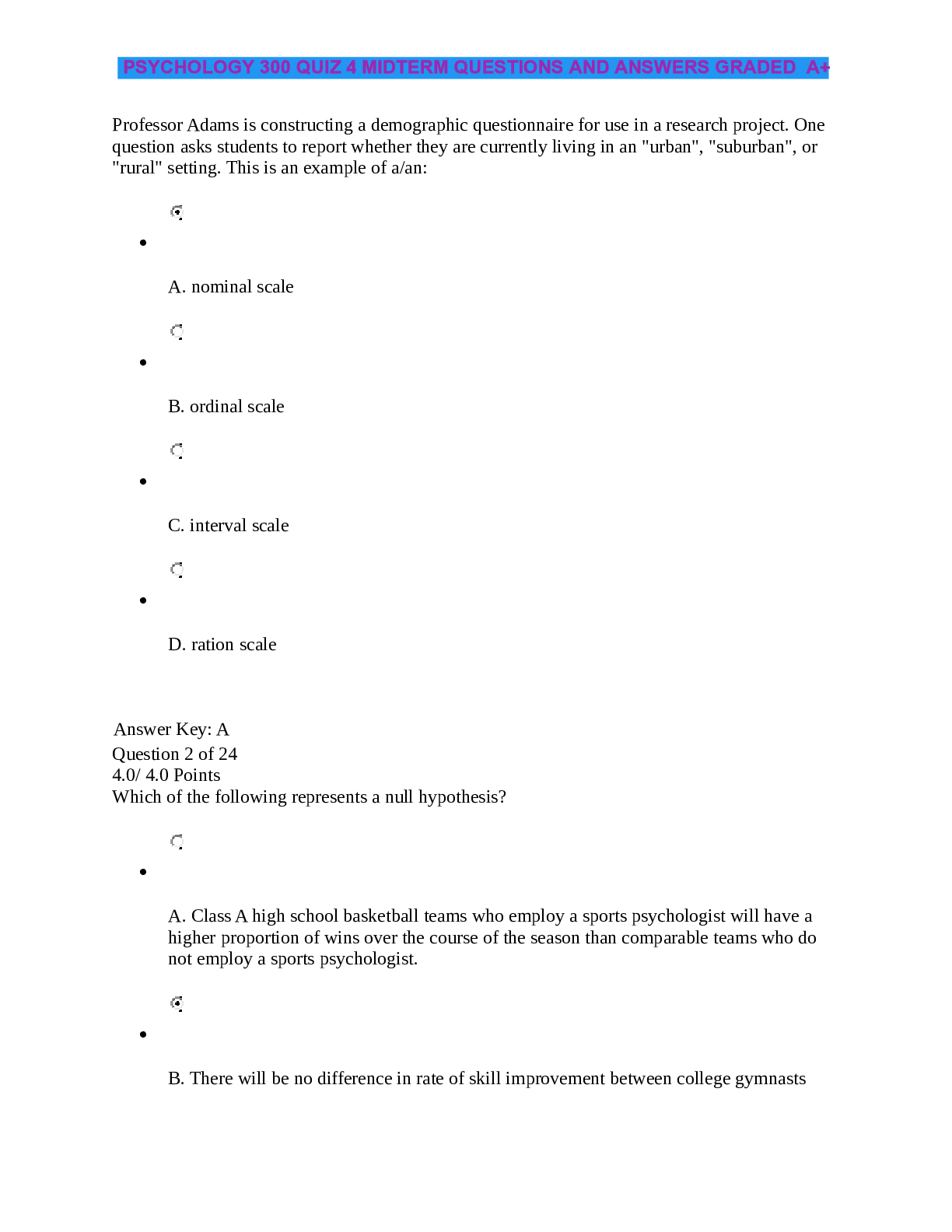 Preview image for PSYC 300 Week 4 Midterm Exam Answers