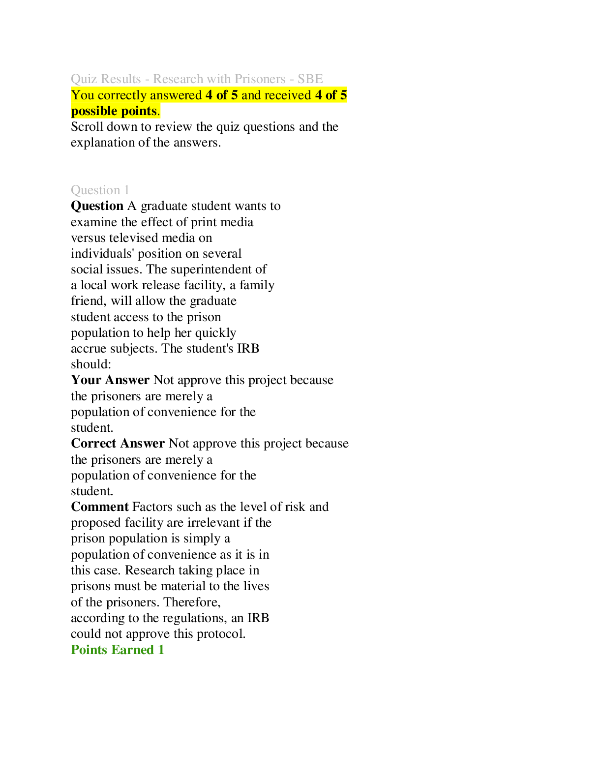 Preview of HLTH 511 Quiz Results - Research with Prisoners - SBE - Copy