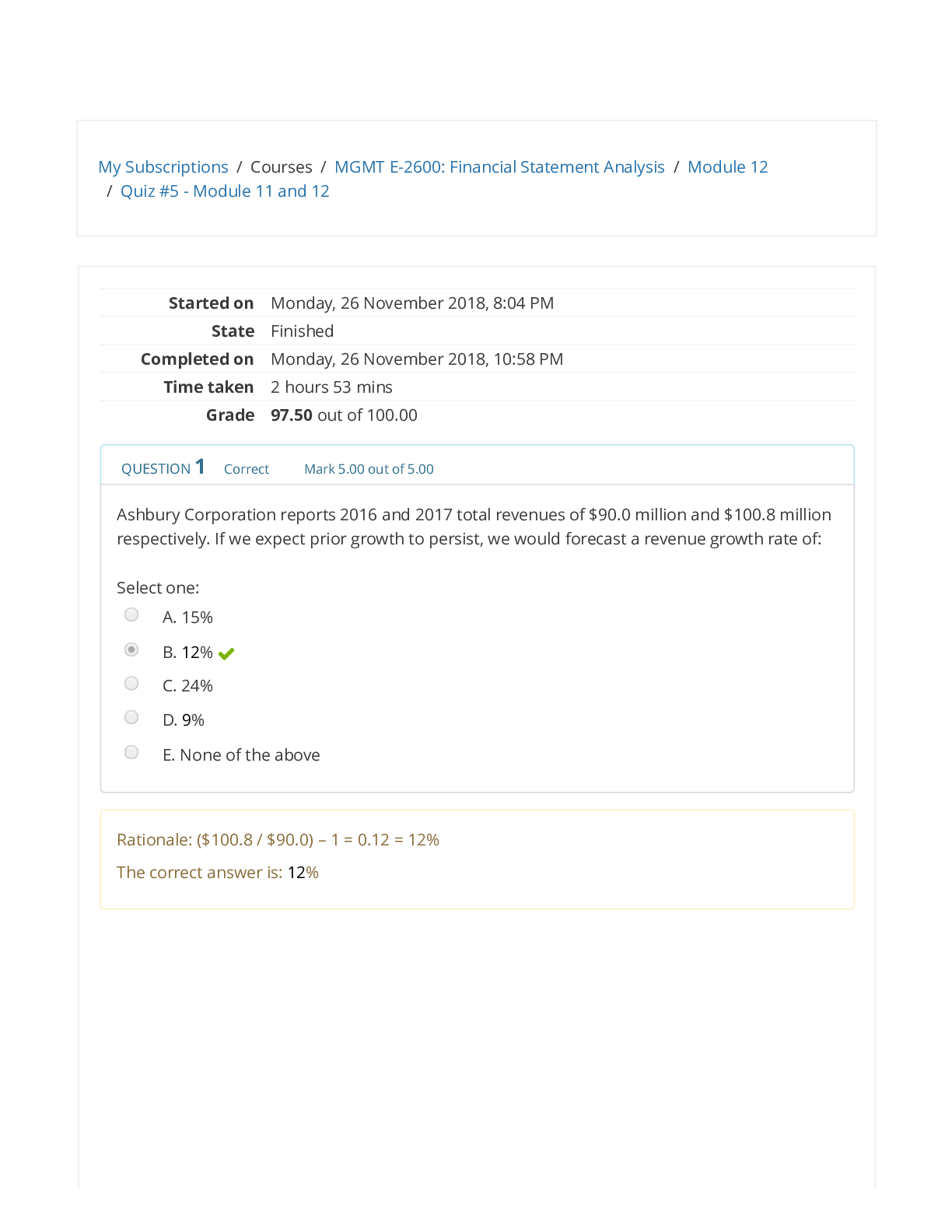 Preview of MGMT E-2600: Financial Statement Analysis / Module 12. Grade 97.50 out of 100.00.
