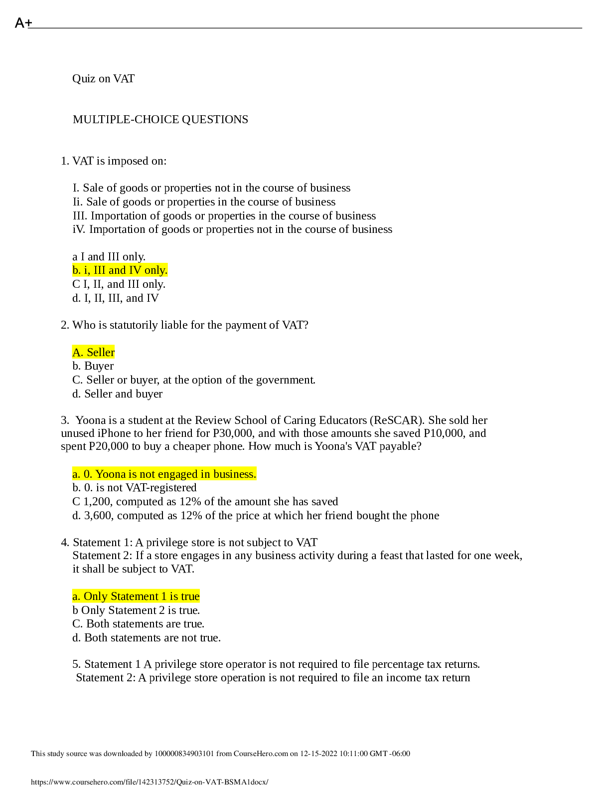 Preview image for Quiz on VAT MULTIPLE-CHOICE QUESTIONS