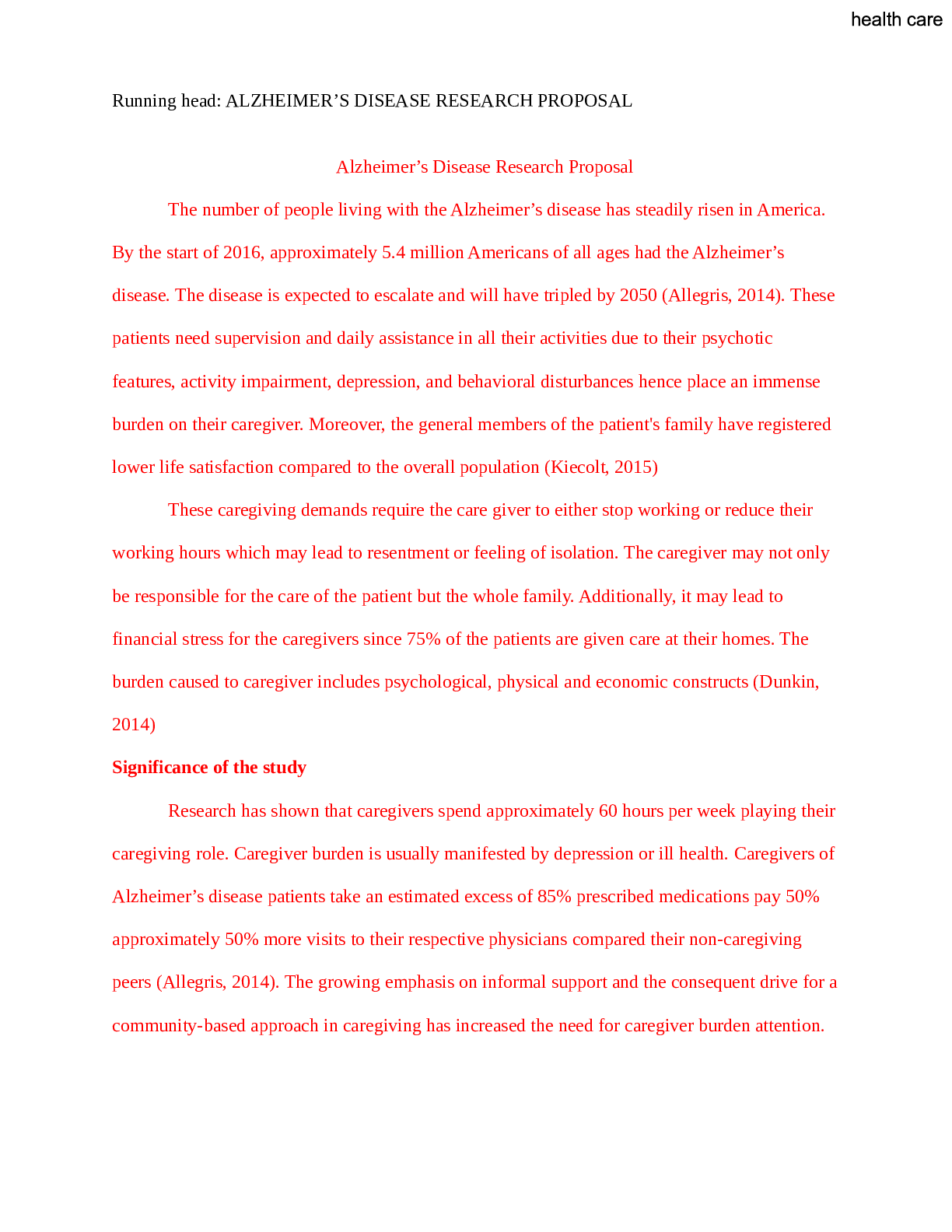 Preview image for RED ALZHEIMER'S DISEASE RESEARCH PROPOSAL
