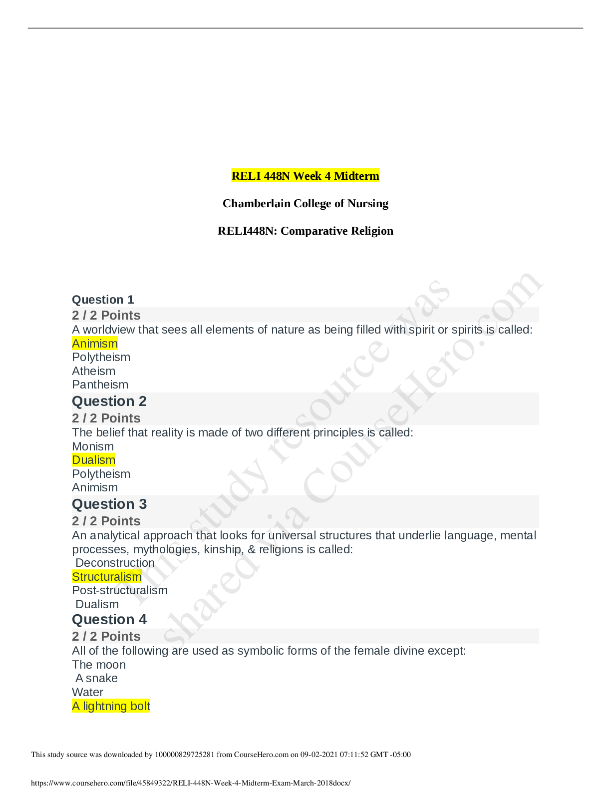 Preview of RELI 448N Week 4 Midterm (Fall 2021)