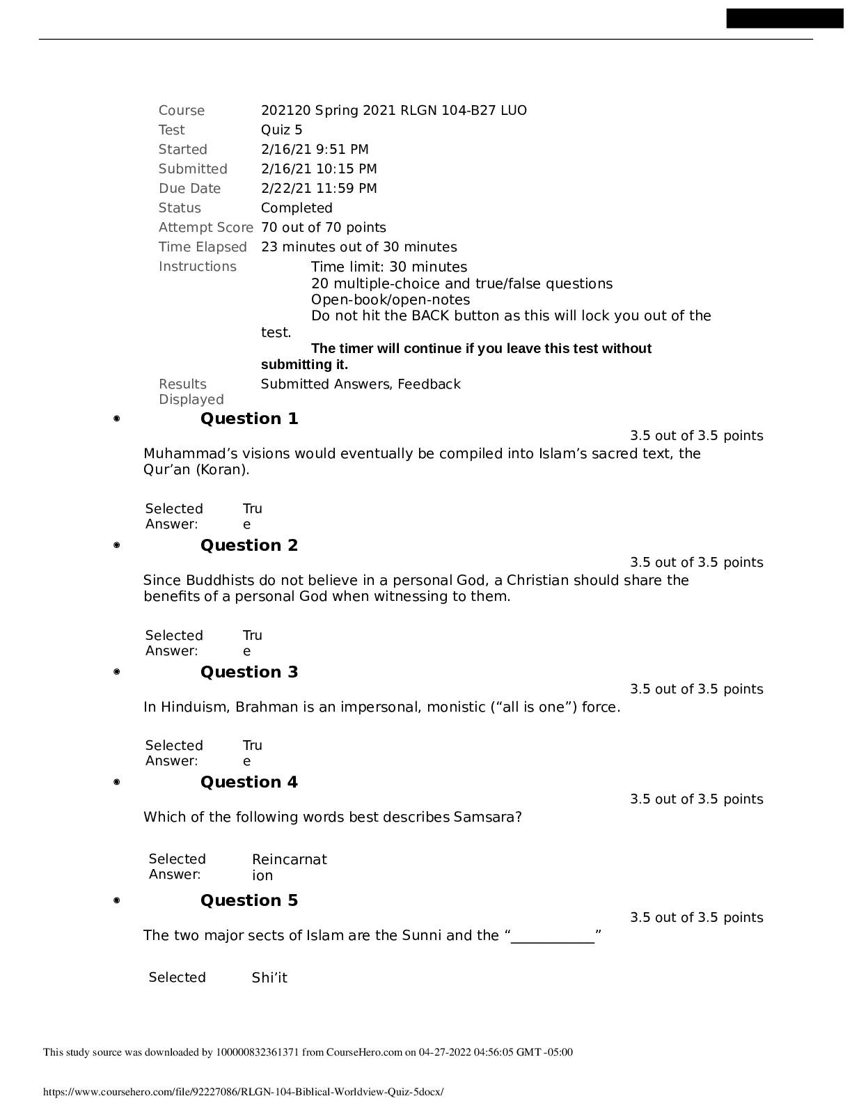 Preview of Liberty University RLGN 104 quiz 5(spring 2021) / RLGN 103- Quiz 5 2021; Answered