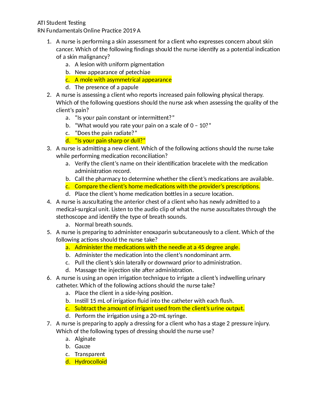 Preview image for ATI Fundamentals 2019 Proctored Exam / RN Fundamentals Online Practice 2019 A