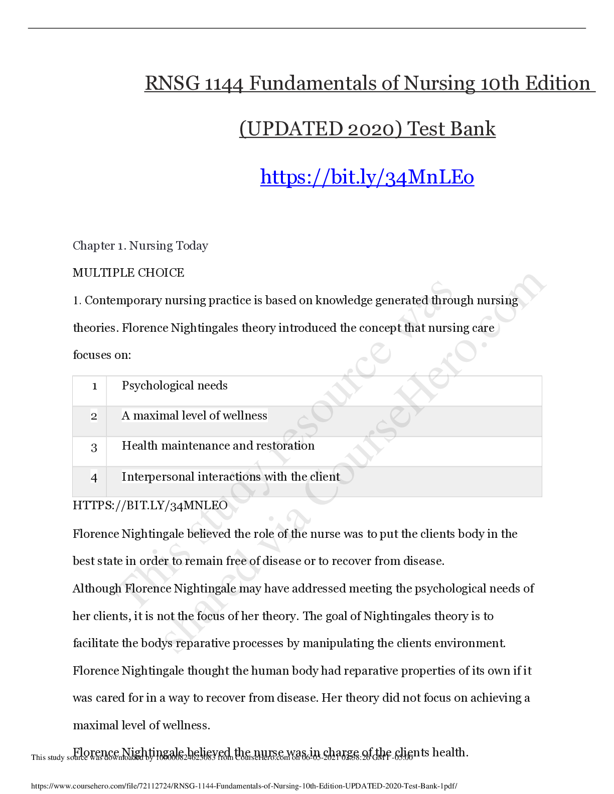Preview of RNSG 1144 Fundamentals of Nursing 10th Edition (UPDATED 2020) Test Bank-1.