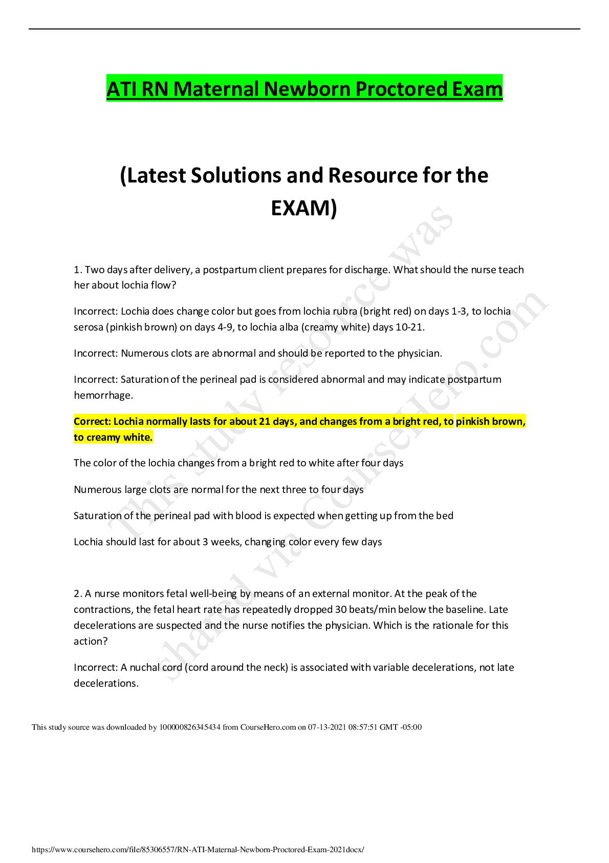 Preview image for RN ATI Maternal Newborn Proctored Exam 2021.