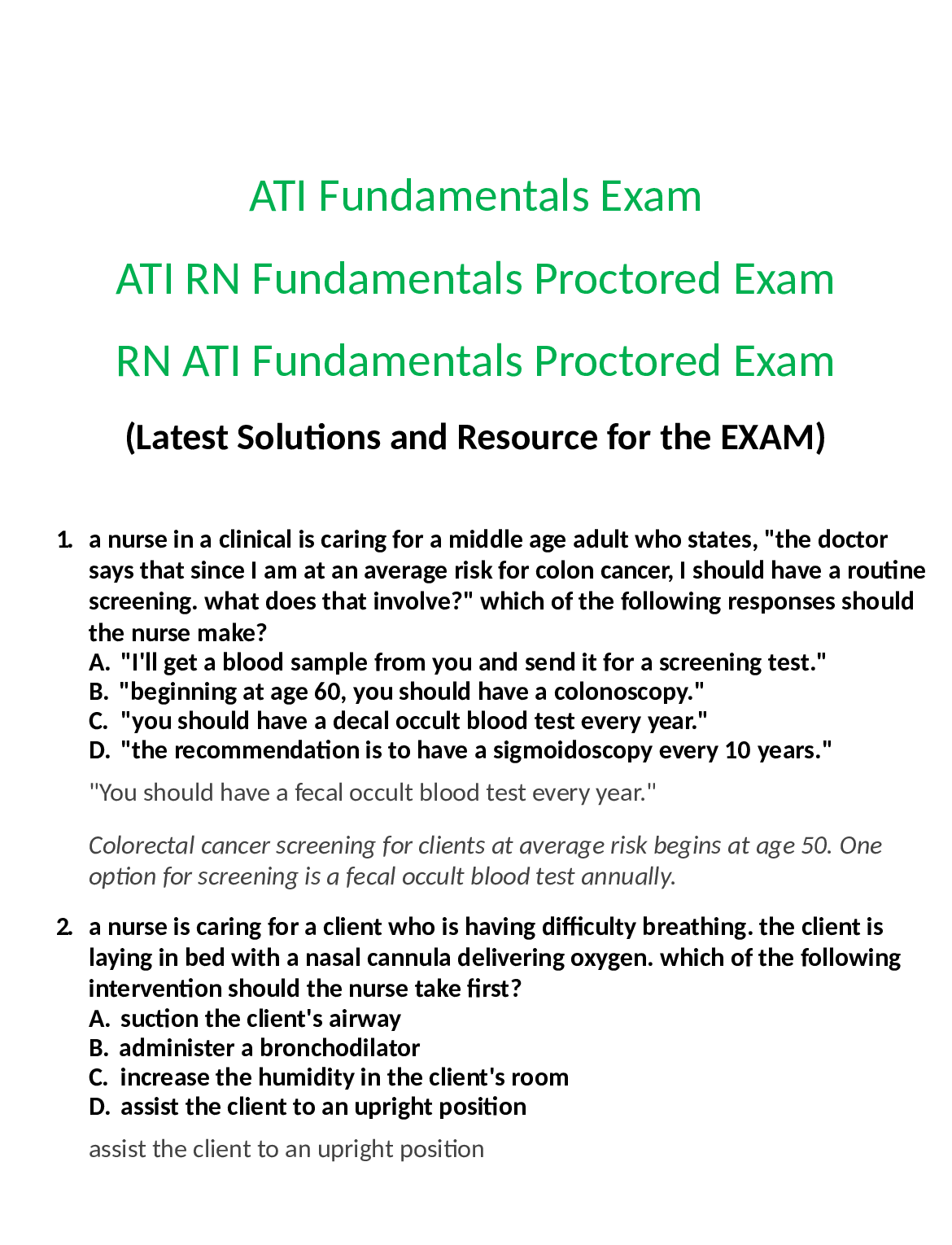 Preview image for ATI RN Fundamentals Proctored Exam
