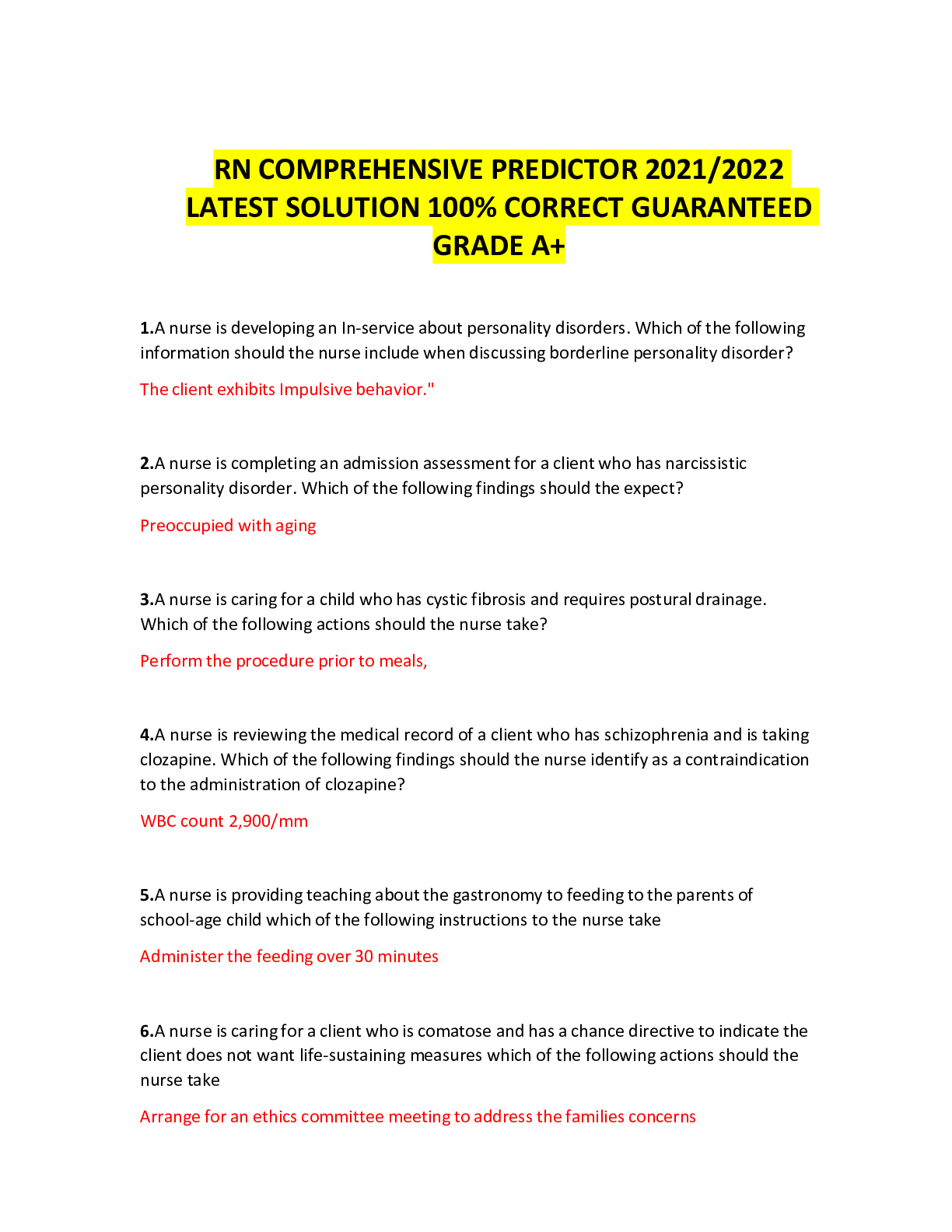 Preview of RN COMPREHENSIVE PREDICTOR 2021/2022 LATEST SOLUTION 100% CORRECT GUARANTEED GRADE A+